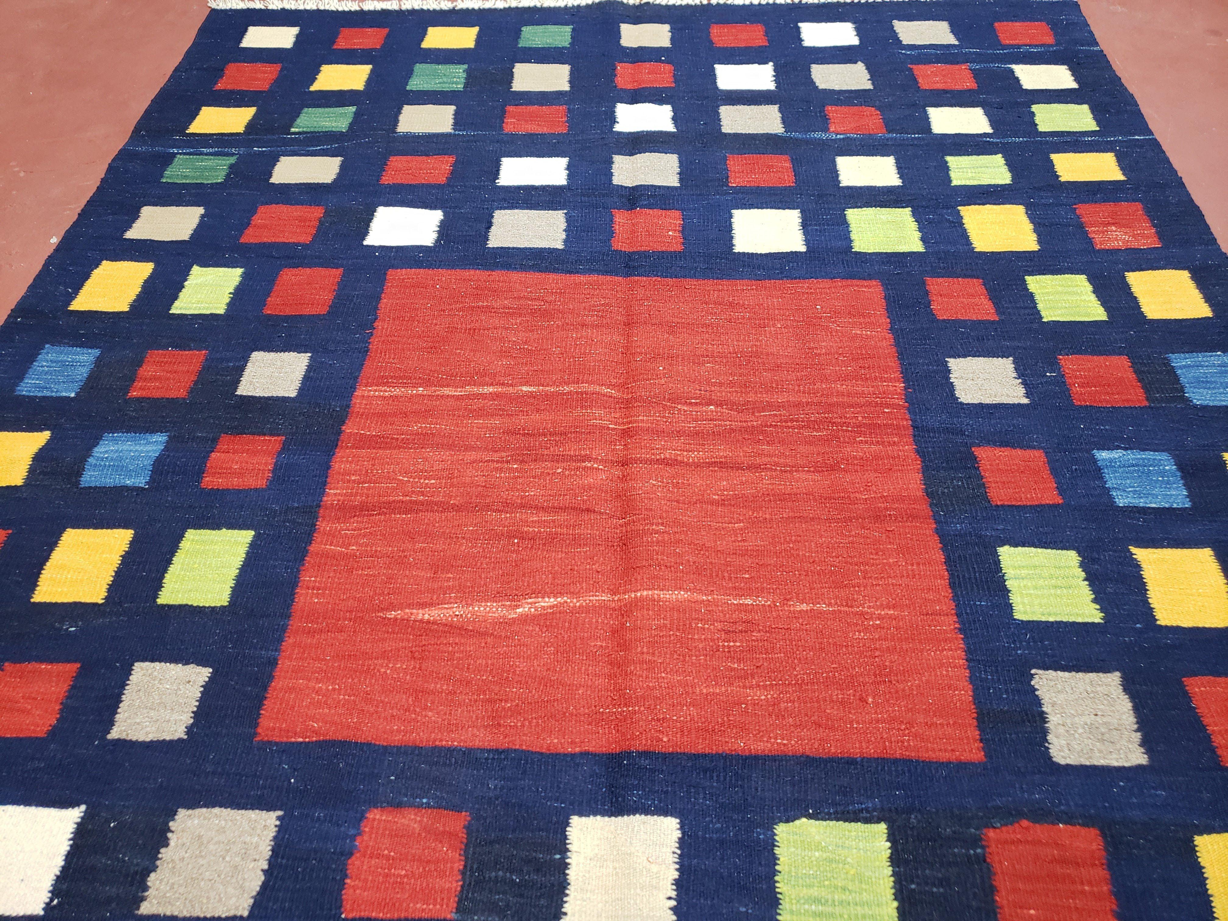 Turkish Kilim Rug 5x7 - 6x8, Checkerboard Kilim Carpet, Area Rug, New Playroom Rug, Colorful Multicolor Rug for Nursery Room, Dark Blue Red - Jewel Rugs