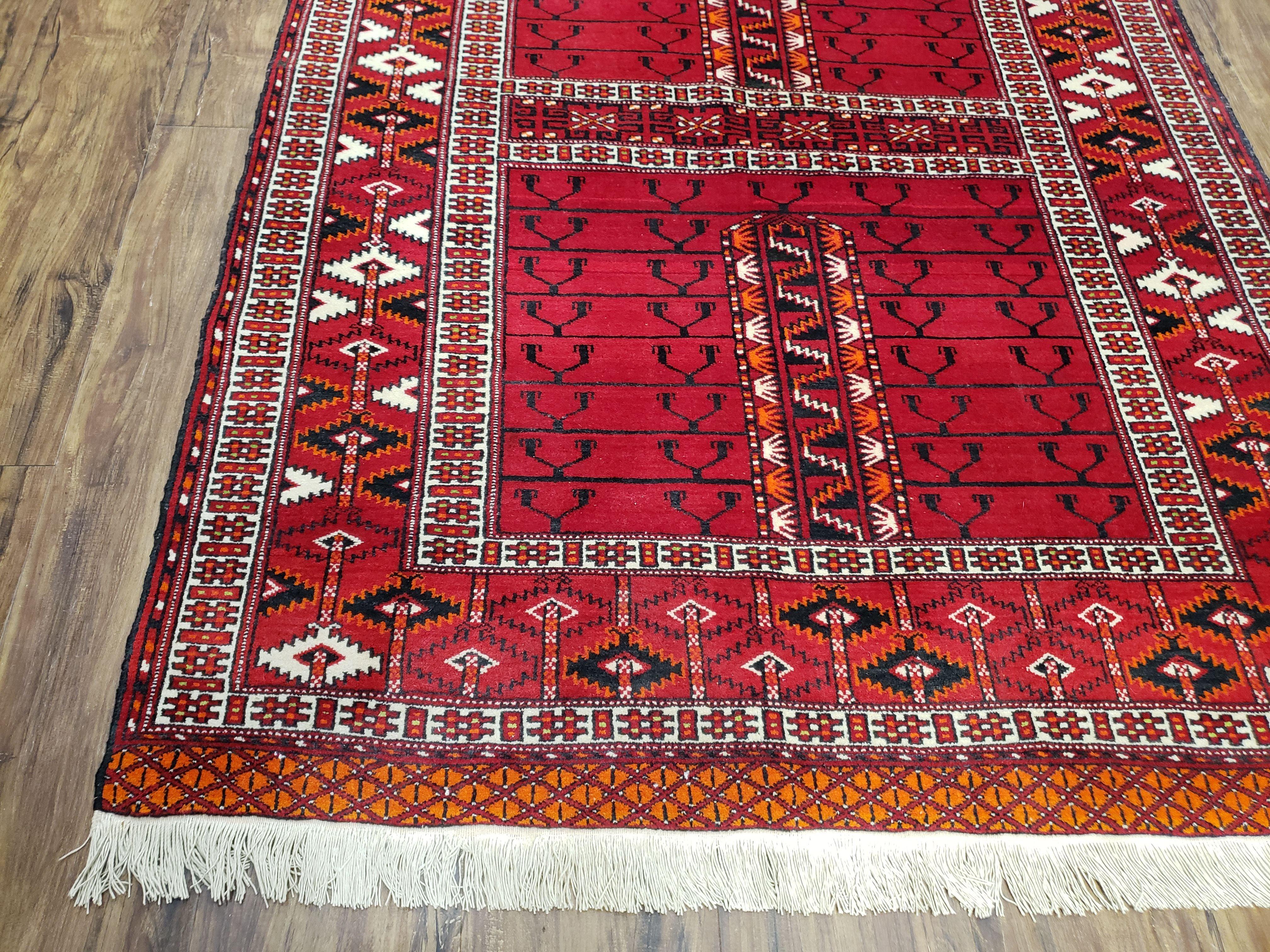 Antique Persian Turkoman Rug 4x5, Hatchli Tekkeh Ersari Red Tribal Rug, Handmade Wool Oriental Carpet, Four Seasons Rug - Jewel Rugs