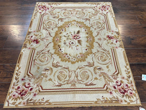 Aubusson Needlepoint Rug 4x5 ft, Beige and Tan, Aubusson Savonnerie Vintage Carpet, Handwoven Handmade Wool Rug, European Design Floral Rose - Jewel Rugs