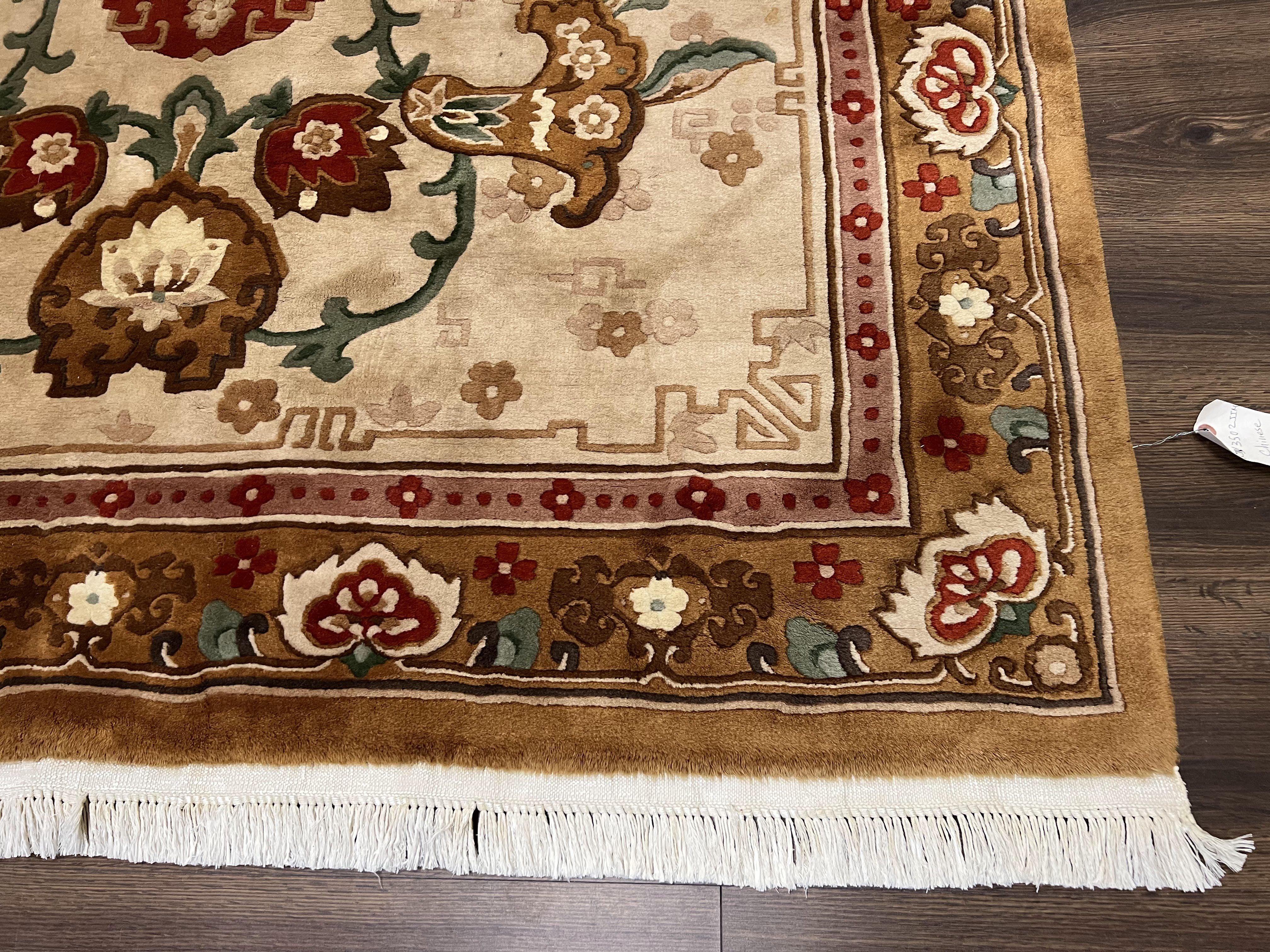 Chinese Wool Rug 5.9 x 9, Tan and Brown Asian Art Deco Carpet, Vintage 1960s Oriental Rug, Hand-Knotted Rug, Soft Wool, Medallion, Pair B - Jewel Rugs