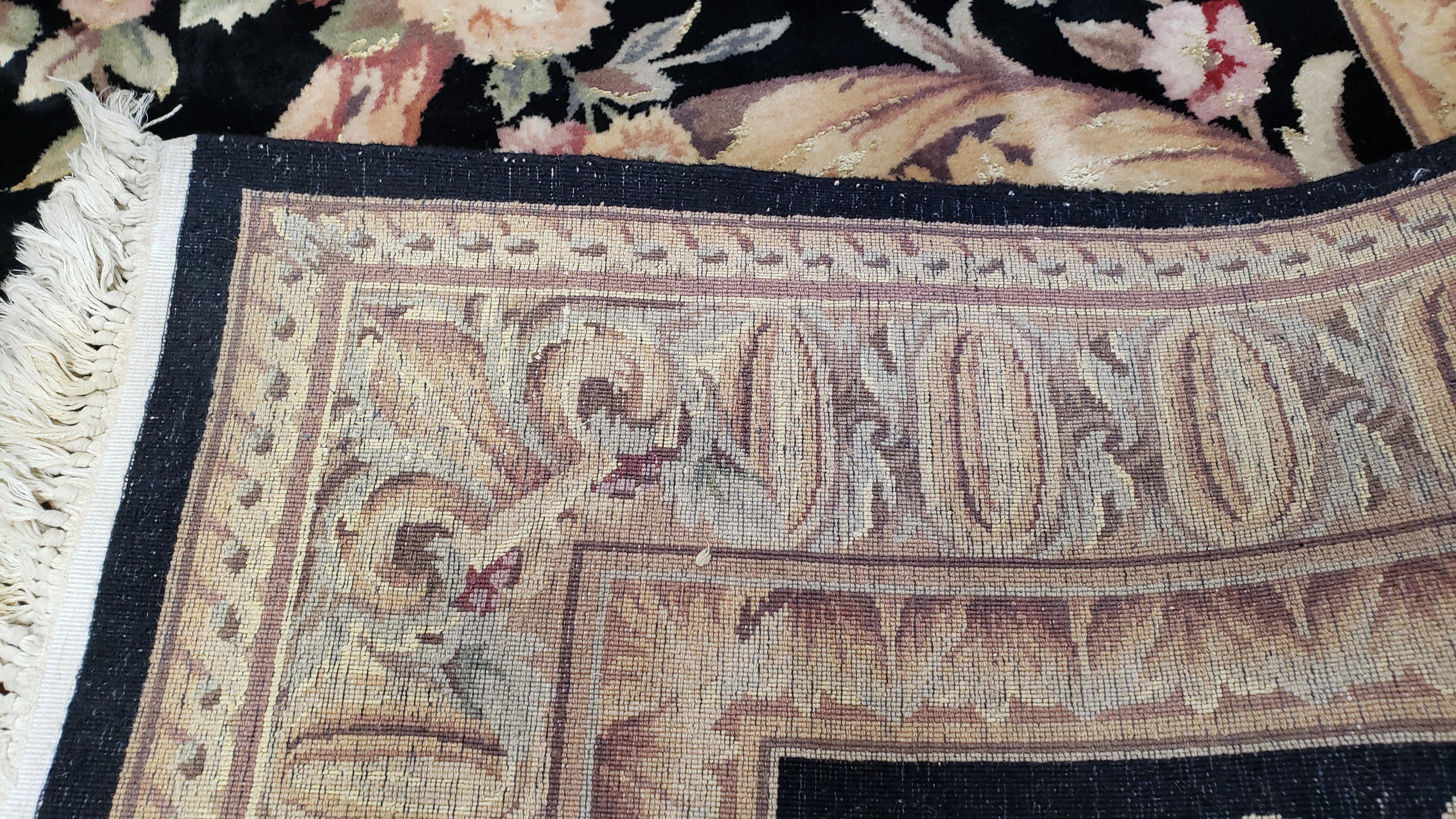 Vintage Black Chinese Savonnerie Area Rug 6x9, Wool & Silk Hand-Knotted Fine Oriental Carpet, Aubusson French Style, Elegant Design 120 Line - Jewel Rugs