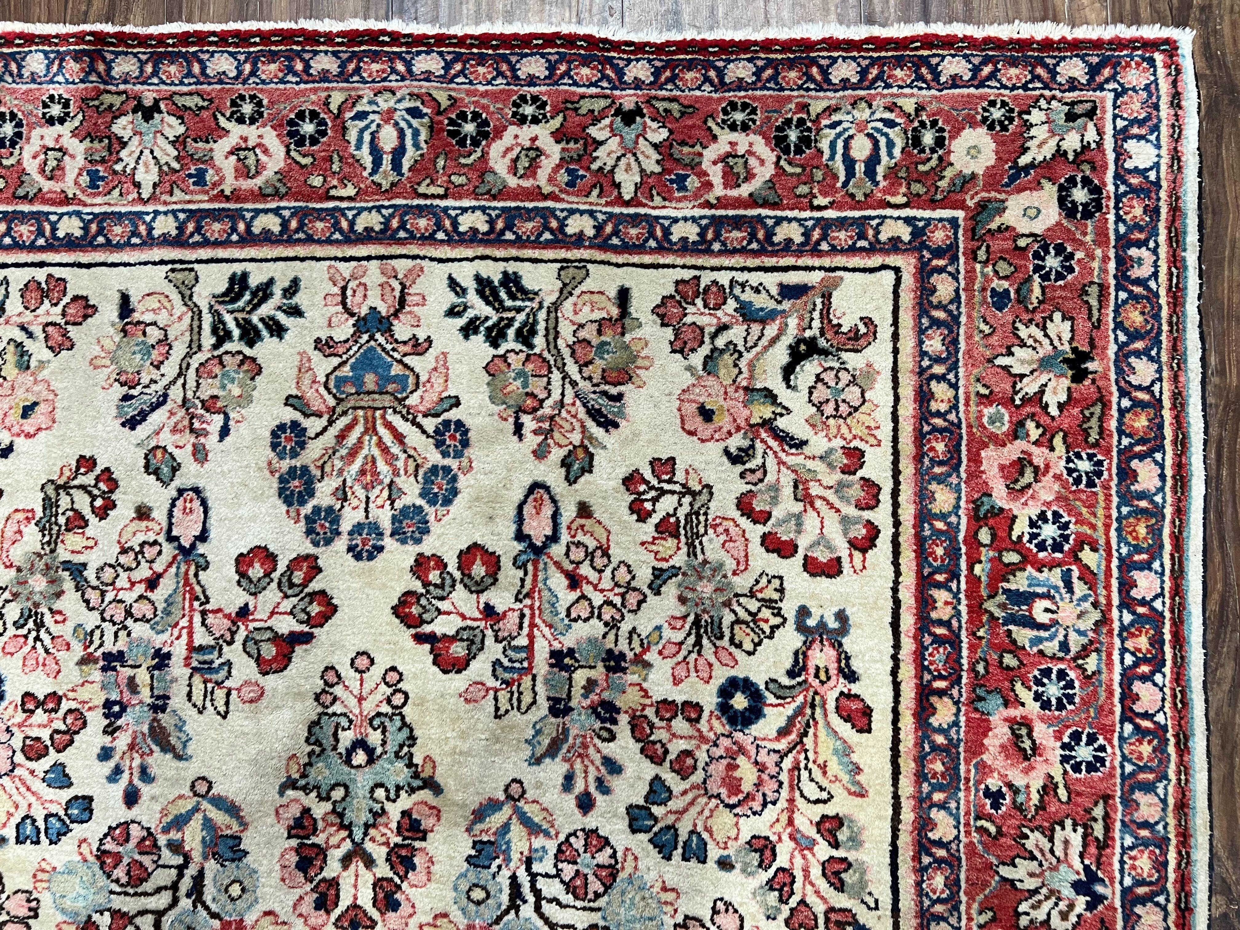 Vintage Persian Sarouk Carpet 4.2 x 6.8, Light Colored Field, Wool Persian Rug 4x7, Hand-Knotted Rug, Allover Floral Pattern, Cream Red Blue, Nice - Jewel Rugs