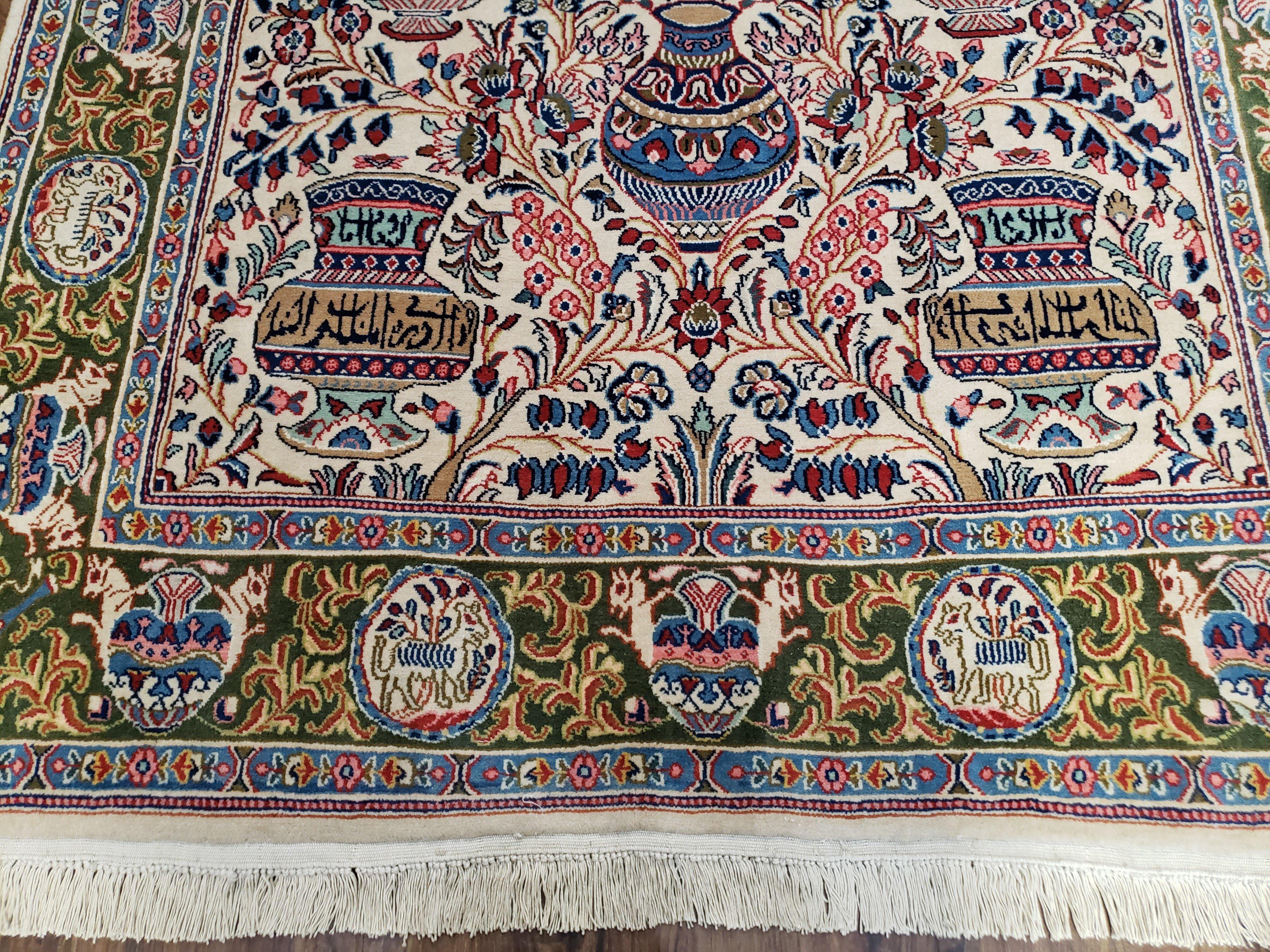 Vintage Persian Ghom Kashmar Rug, Ivory, Wool, Hand-Knotted, 4' 2" x 6' 8" - Jewel Rugs