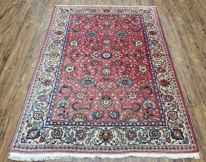 Semi Antique Persian Kashan, Red & Cream, Hand-Knotted, Wool, 4' 8