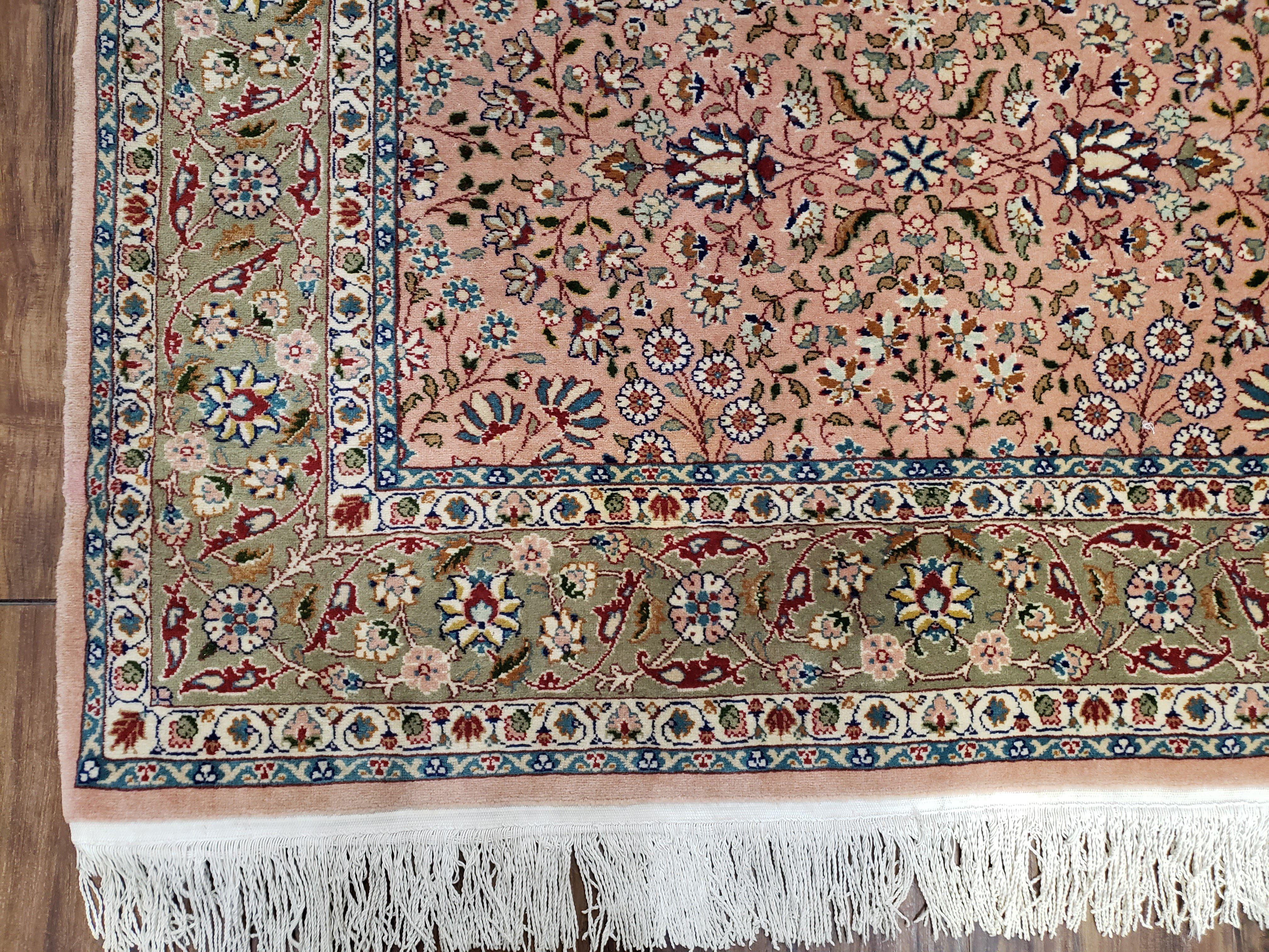 Turkish Hereke Rug 4x6, Wool on Cotton Turkish Hereke Carpet 4 x 6 ft, Handmade Hand Knotted Fine Oriental Rug, Light Coral Red and Green - Jewel Rugs