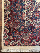 Beautiful Oversized Persian Kirman Rug 9x18 ft, Palace Sized Wool Handmade Oriental Carpet 9 x 18, Ivory Cream Dark Red Blue, 1940s Vintage Floral - Jewel Rugs