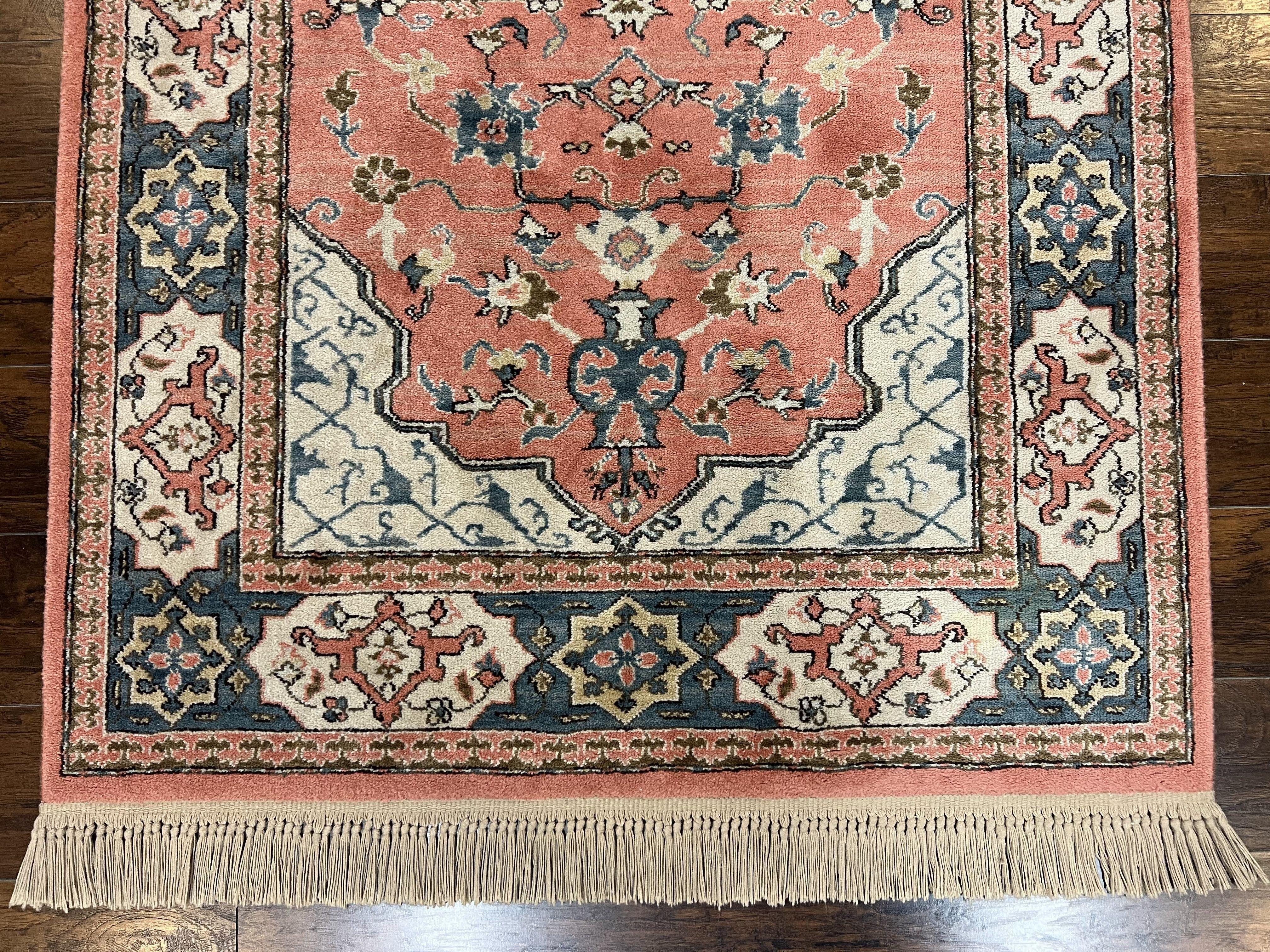 Karastan Rug 4x6 Bergama Design #737, Karastan Area Rug, Vintage Wool Karastan Carpet, Original Collection 700 Series, Salmon Red Light Blue - Jewel Rugs