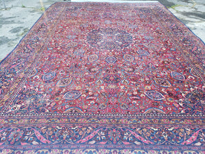 Antique Persian Mashad Oversized Area Rug, 12x17, Red, Wool, Hand-Knotted, Low Pile - Jewel Rugs