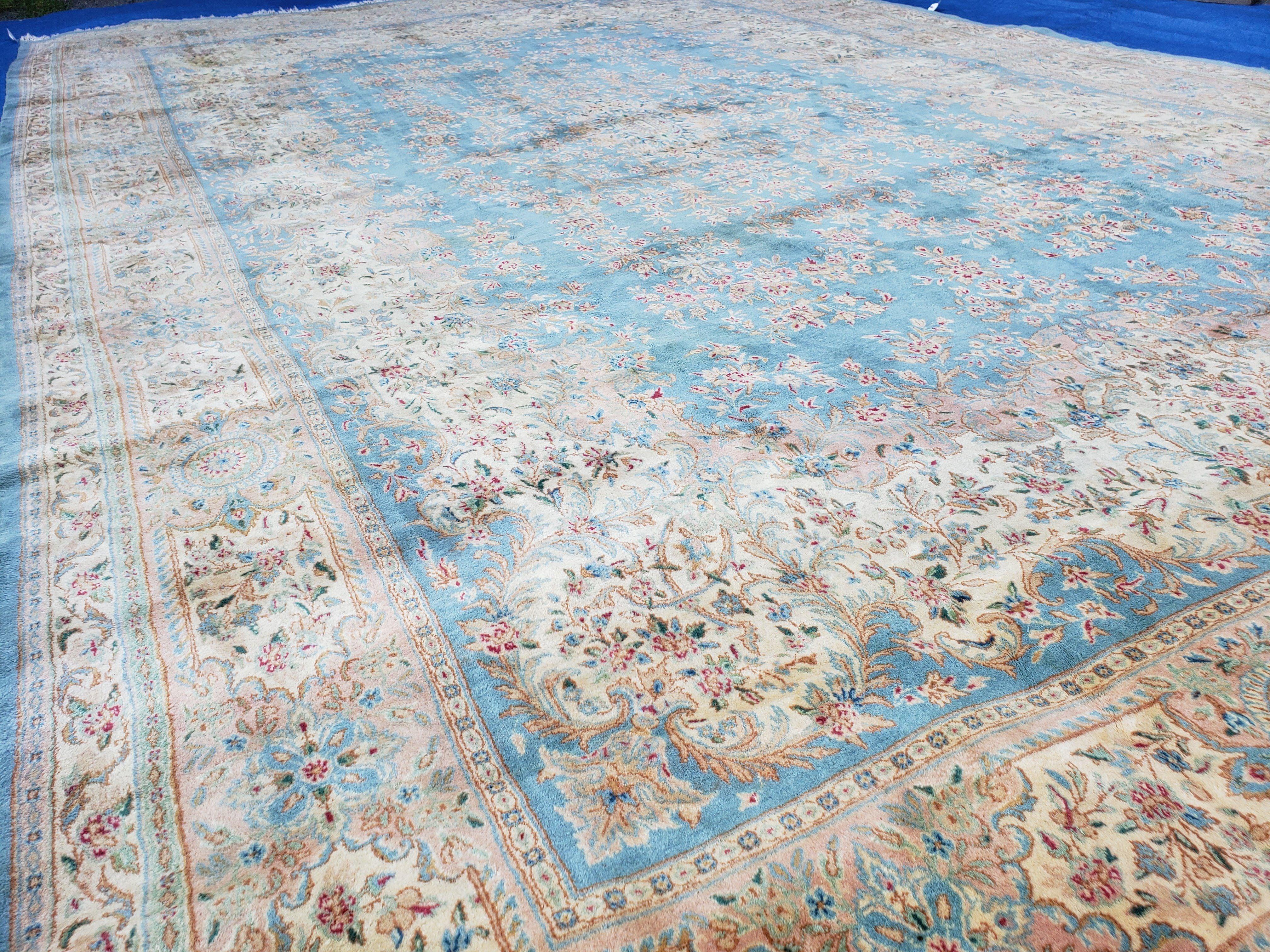 Vintage Oversized Persian Kirman Rug, Hand-Knotted, Wool, Light Blue and Ivory, 12' x 20' - Jewel Rugs