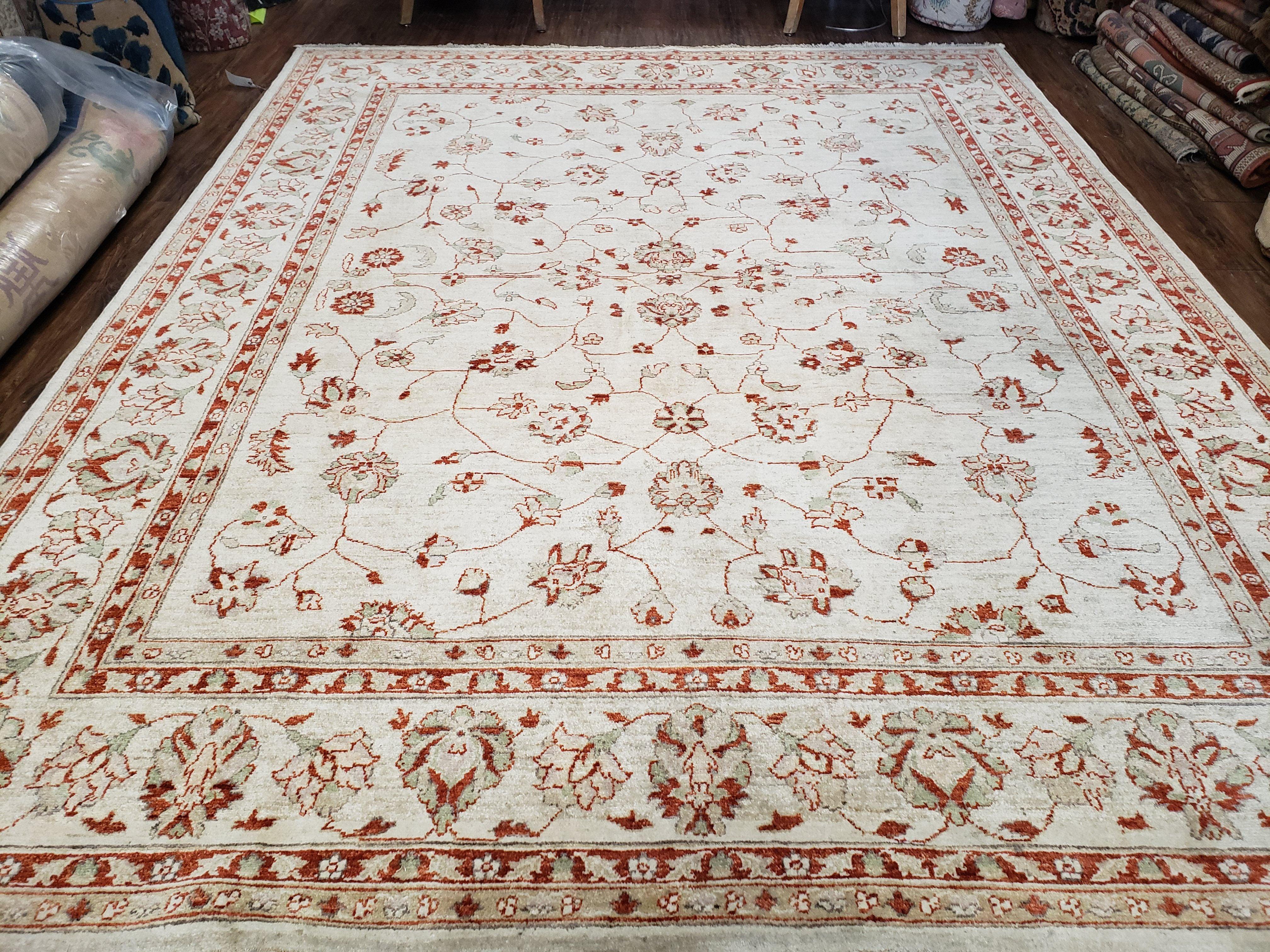 8x10 Beige Oushak Rug, 8 x 10 Peshawar Rug, 8 by 10 Handmade Rug, 8'x10' Vintage Rug, Handmade Wool Rug, Floral Rug Beige Dining Room Rug - Jewel Rugs