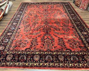 Indo Sarouk Rug 10x14, Vintage Indian Persian Area Rug 10 x 14, Wool Hand-Knotted Oriental Carpet, Red Floral Allover Large Rug, Beautiful - Jewel Rugs