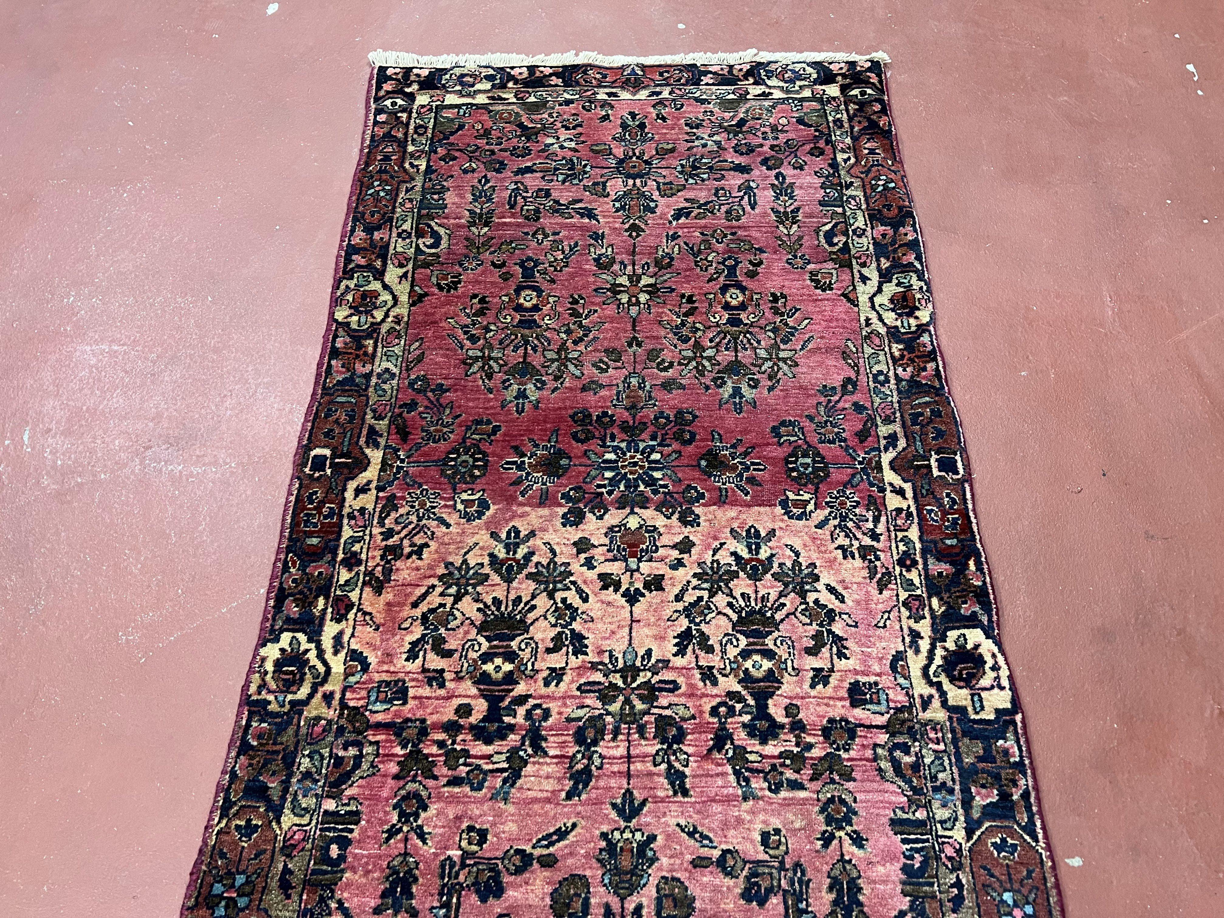 Antique Persian Sarouk Rug 2.4 x 4.9, Red and Dark Blue, Floral, Hand-Knotted, Small Carpet, Traditional, Authentic Oriental Rug 1920s Nice - Jewel Rugs