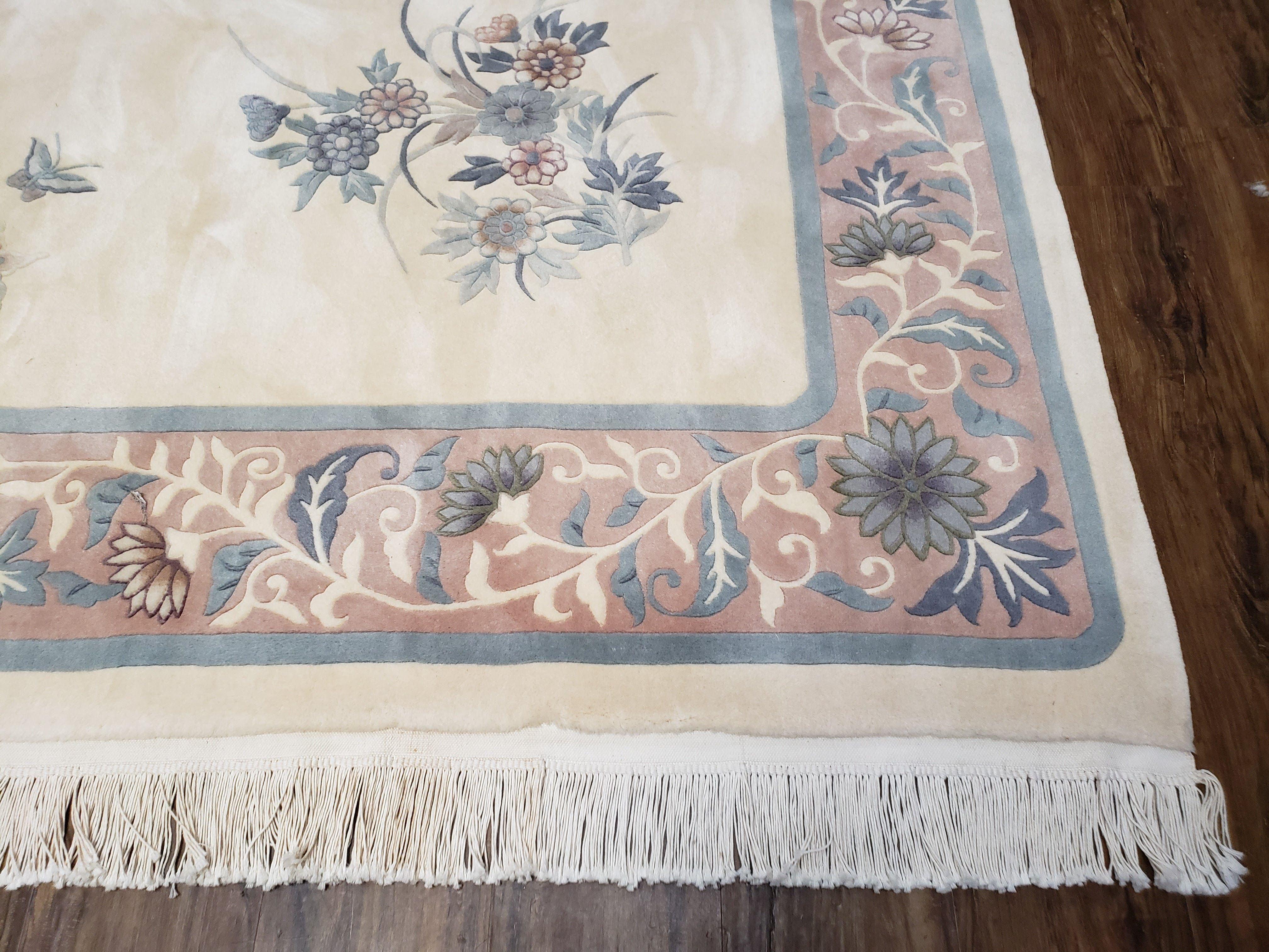 Chinese Art Deco Rug, 8x10 Rug, Ivory Teal and Silver Pink Rug, Soft Chinese Carpet, East Asian Rug, Nourison Rug, Wool Area Rug, Handmade - Jewel Rugs