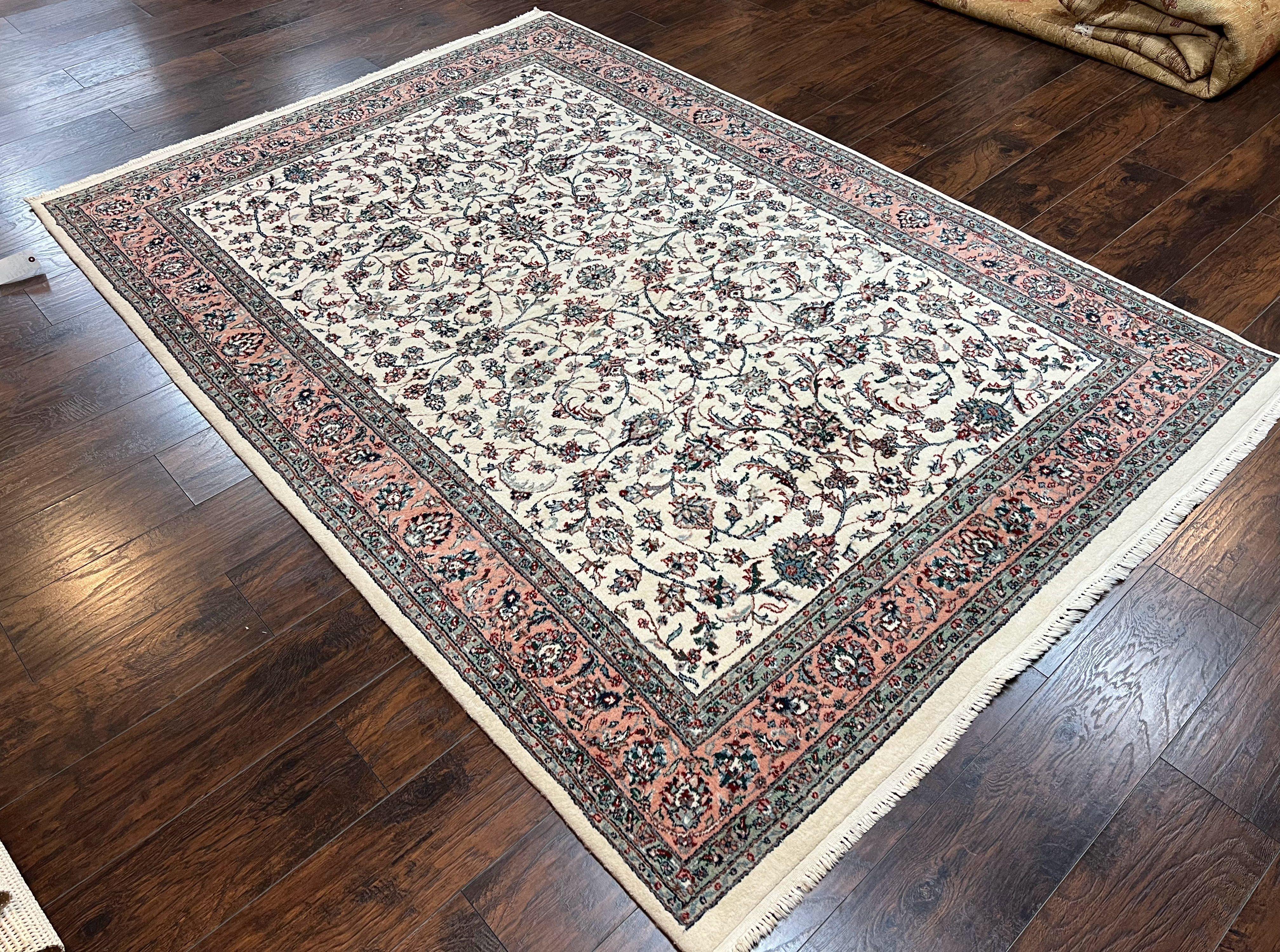 Indo Persian Rug 6x9, Allover Floral Oriental Carpet 6 x 9 ft, Ivory/Cream Pink Hand Knotted Wool Vintage Traditional Area Rug, Handmade Rug - Jewel Rugs