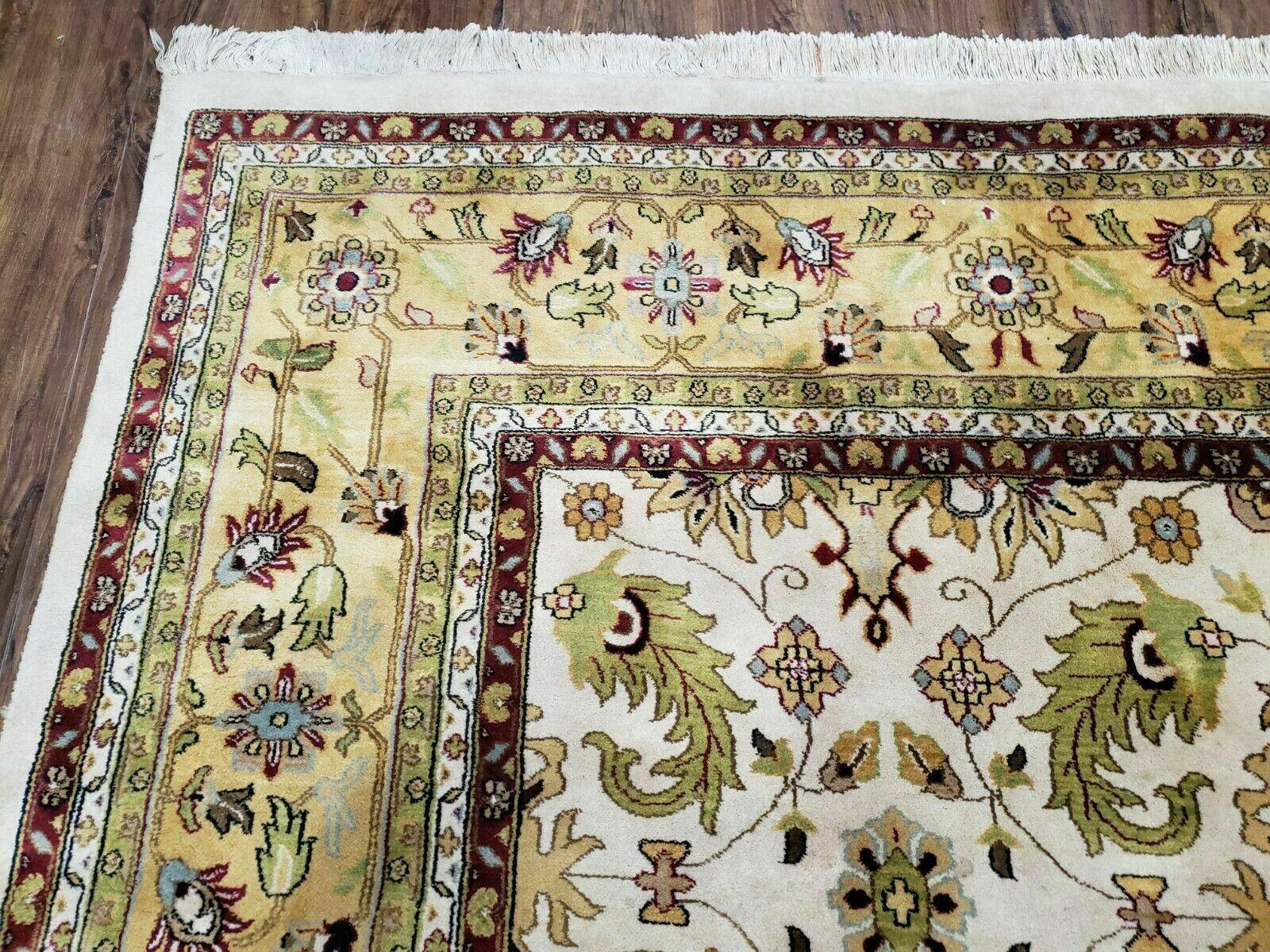 10' X 13' Vintage Hand-Knotted Made India Agra Wool Rug Vegetable Dye Ivory Gold - Jewel Rugs