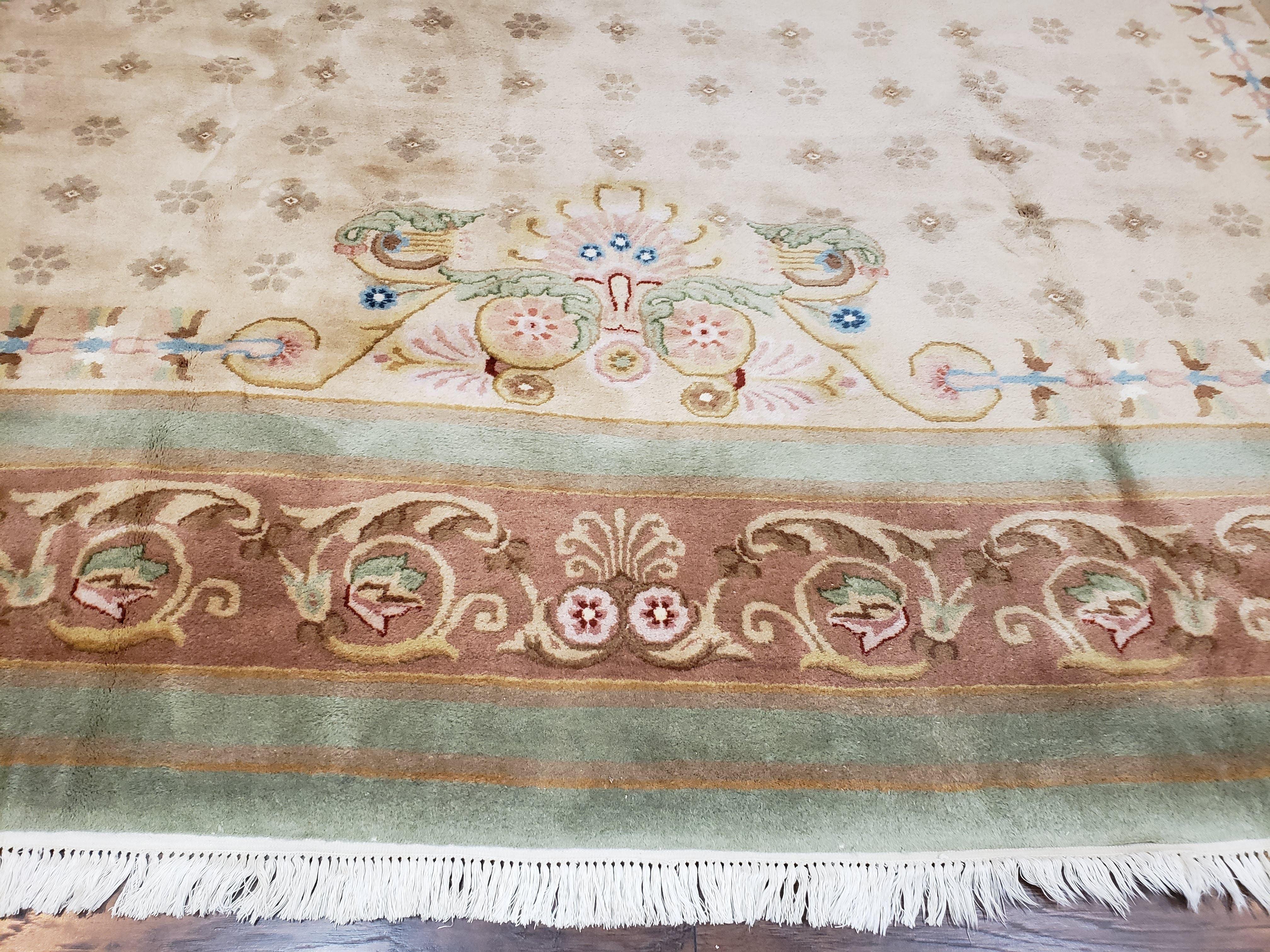 Large Vintage Chinese Aubusson Savonnerie Room Sized Rug 10x14, Wool Handmade Hand-Knotted 120 Line Living Room Dining Room Rug, Beige - Jewel Rugs