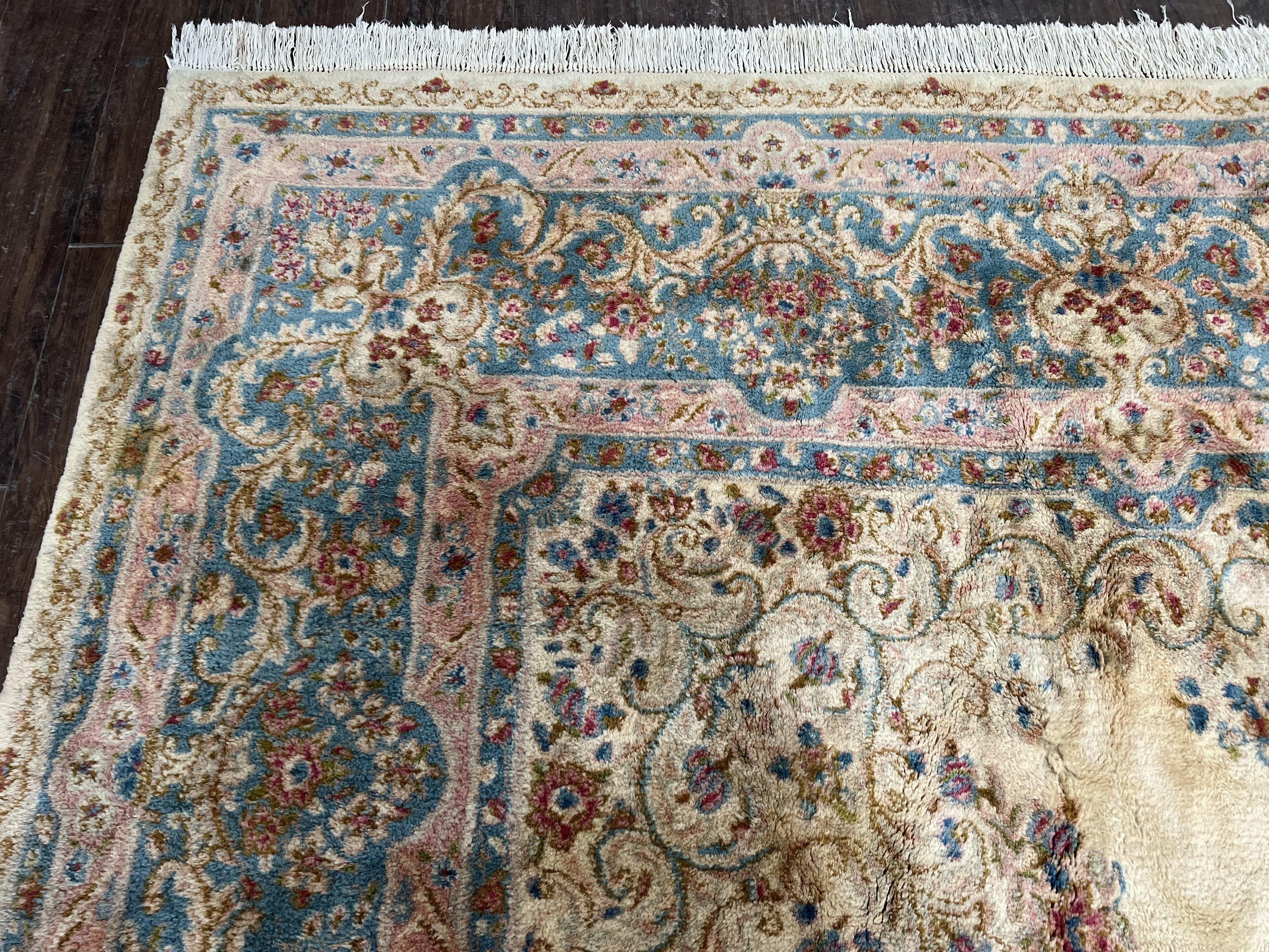 Oversized Persian Rug 11x18, Kirman Open Field Medallion 11 x 18, Palace Sized Hand Knotted Handmade Wool Oriental Carpet, Cream Light Blue - Jewel Rugs