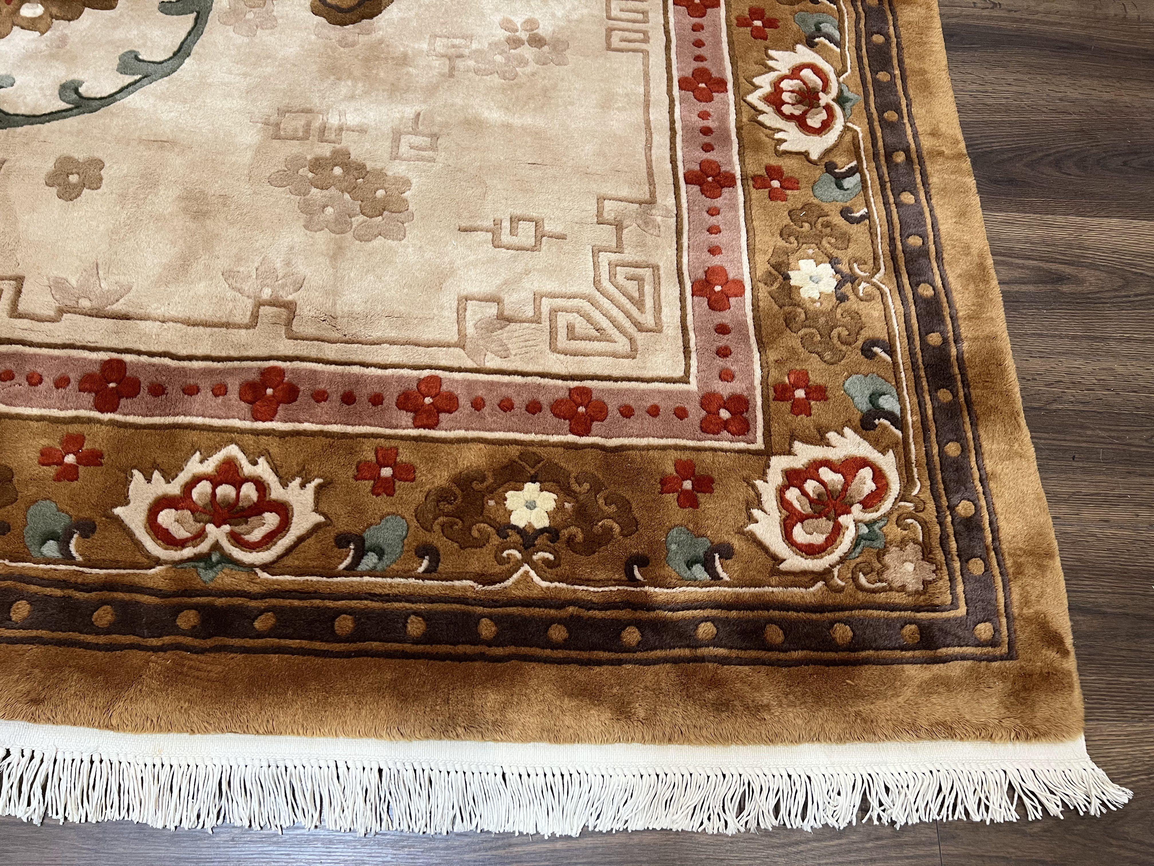 Chinese Wool Rug 9x12, Tan and Brown Asian Art Deco Carpet, Vintage 1960s Oriental Rug 9 x 12 Hand-Knotted Rug, Soft Wool, Medallion, Pair A - Jewel Rugs