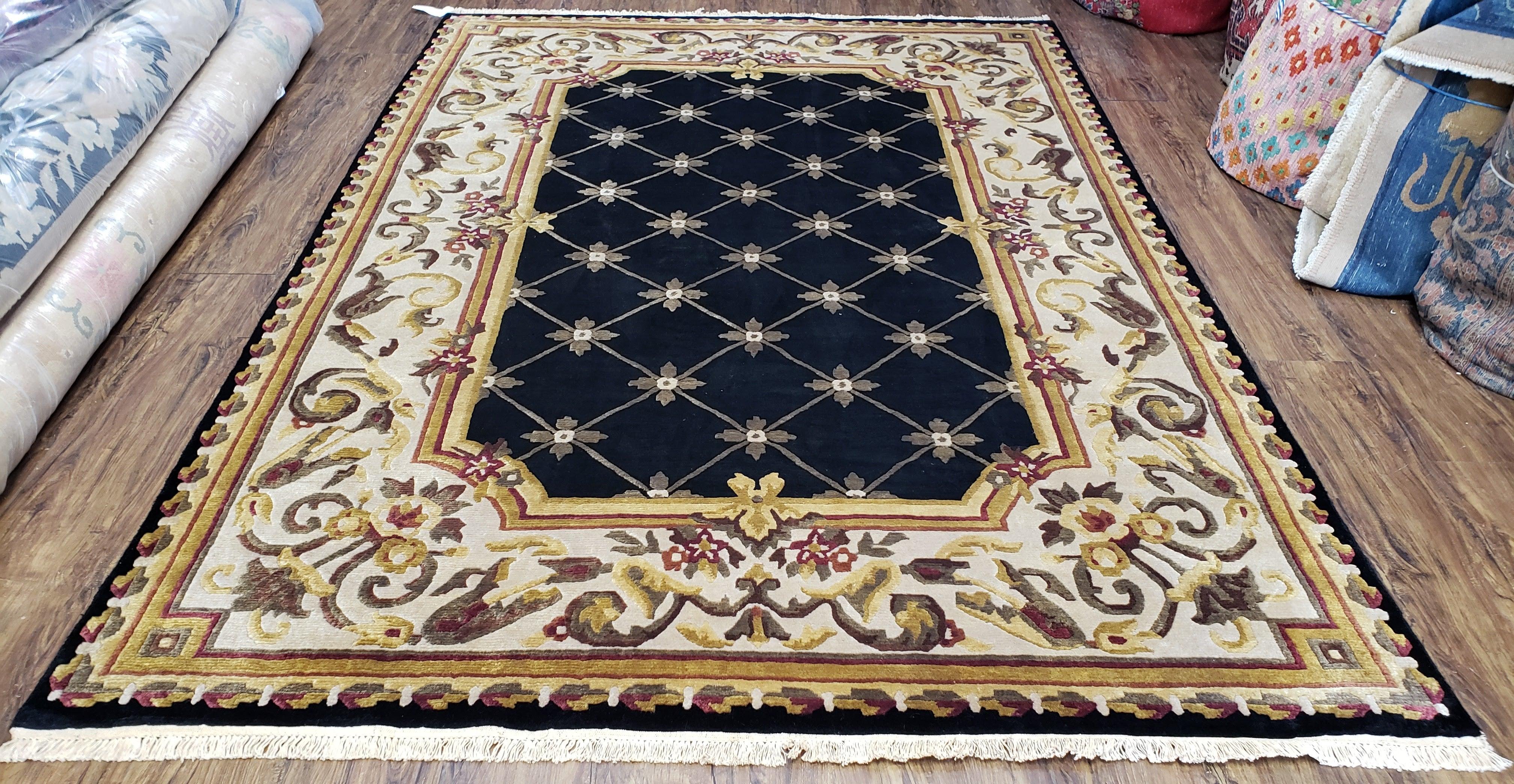 Nepal Rug 6x9, New Aubusson Nepalese Tibetan Carpet 6'1" x 8' 8", Hand-Knotted Wool, Unused, Black & Cream, Savonnerie Pattern, Soft Pile - Jewel Rugs