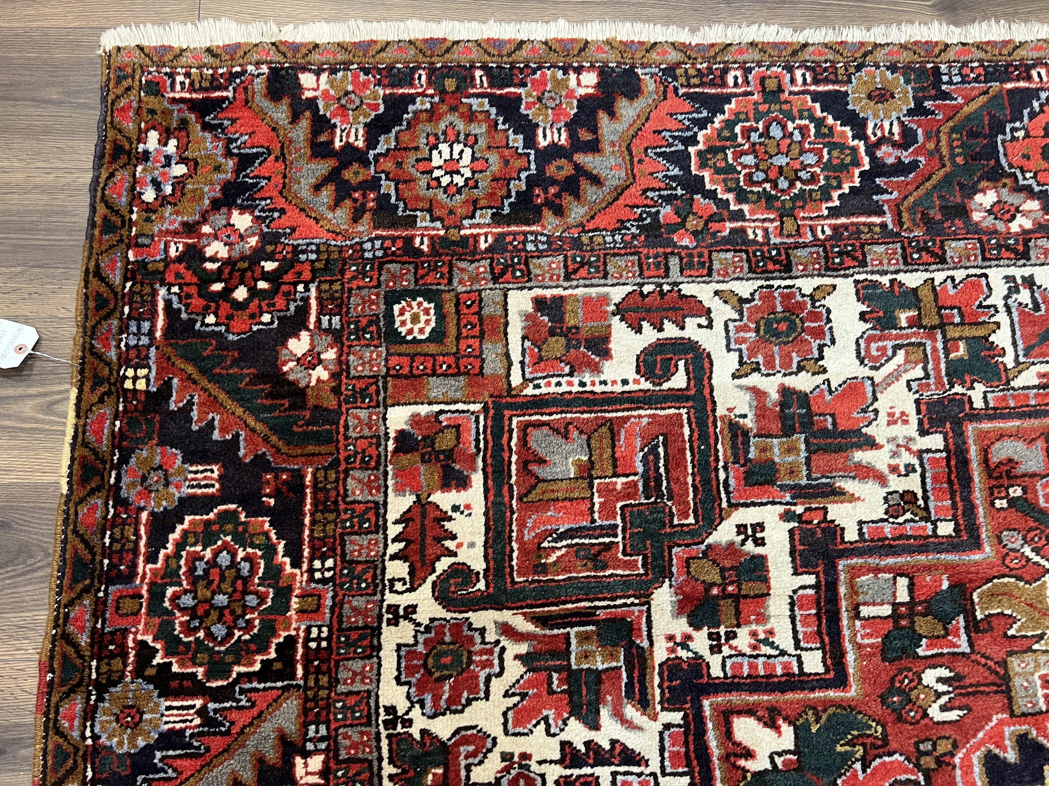 Persian Heriz Rug 8x12, Vintage Geometric Medallion Carpet, Semi Antique Wool Handmade Room Sized Oriental Rug 8 x 12, Red Dark Blue Ivory - Jewel Rugs