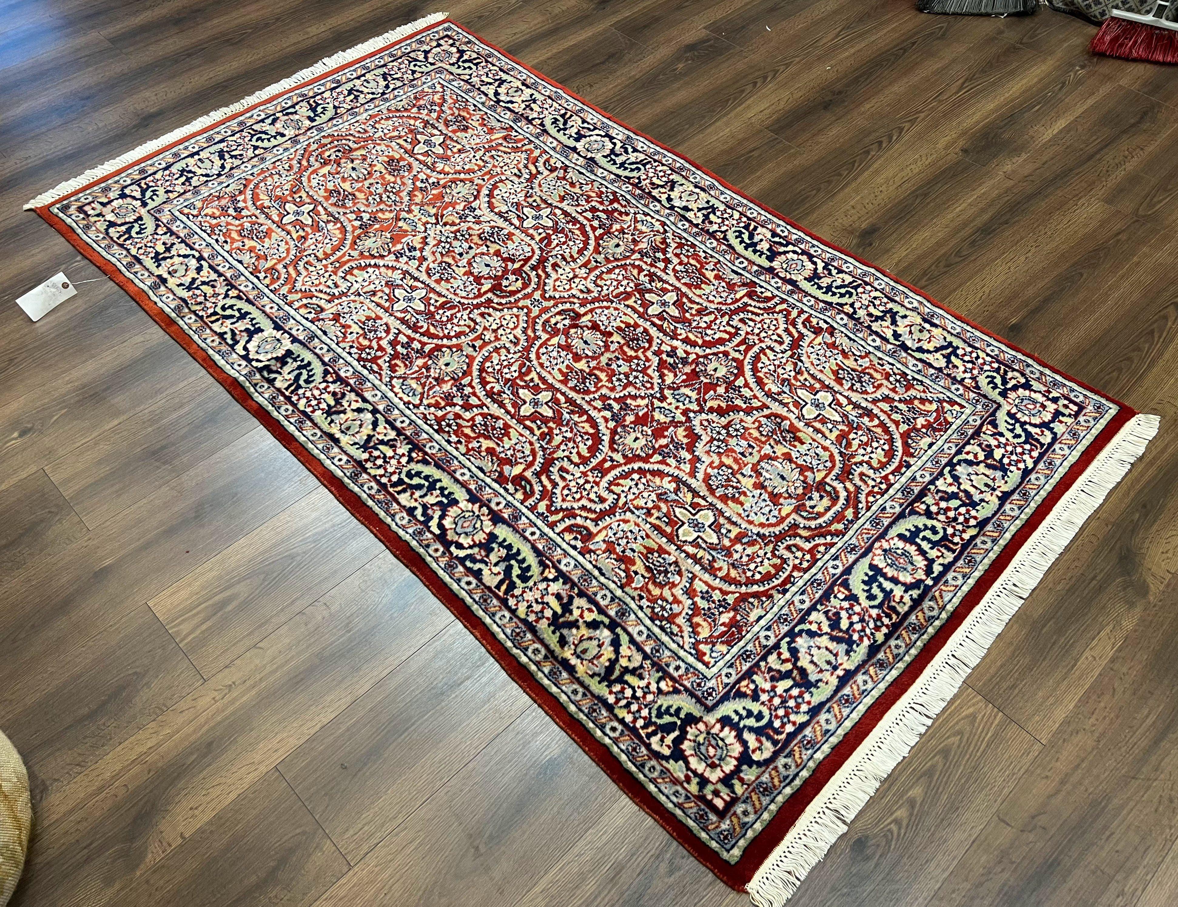 Indo Persian Rug 4x7, Allover Floral Oriental Carpet, Red and Navy Blue, Hand Knotted Indian Kashmiri Traditional Vintage Area Rug 4 x 7 ft - Jewel Rugs