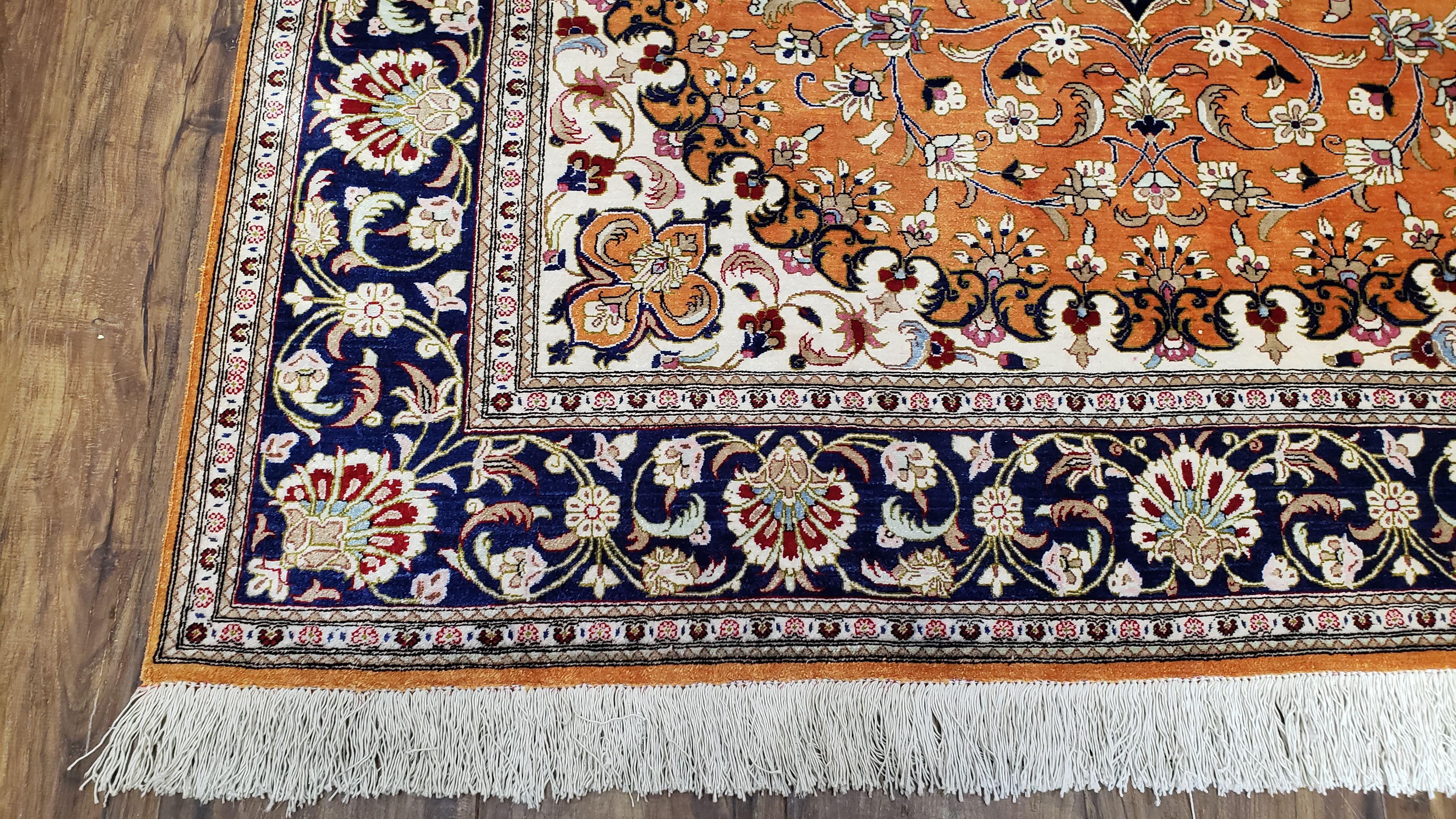 Vintage Persian Qum Silk Rug 4.6 x 6.7, Burnt Orange and Navy Blue, Antique Oriental Very Fine Signature Master Weaver 350+ KPSI Ghom Qom 5x7 Rug - Jewel Rugs