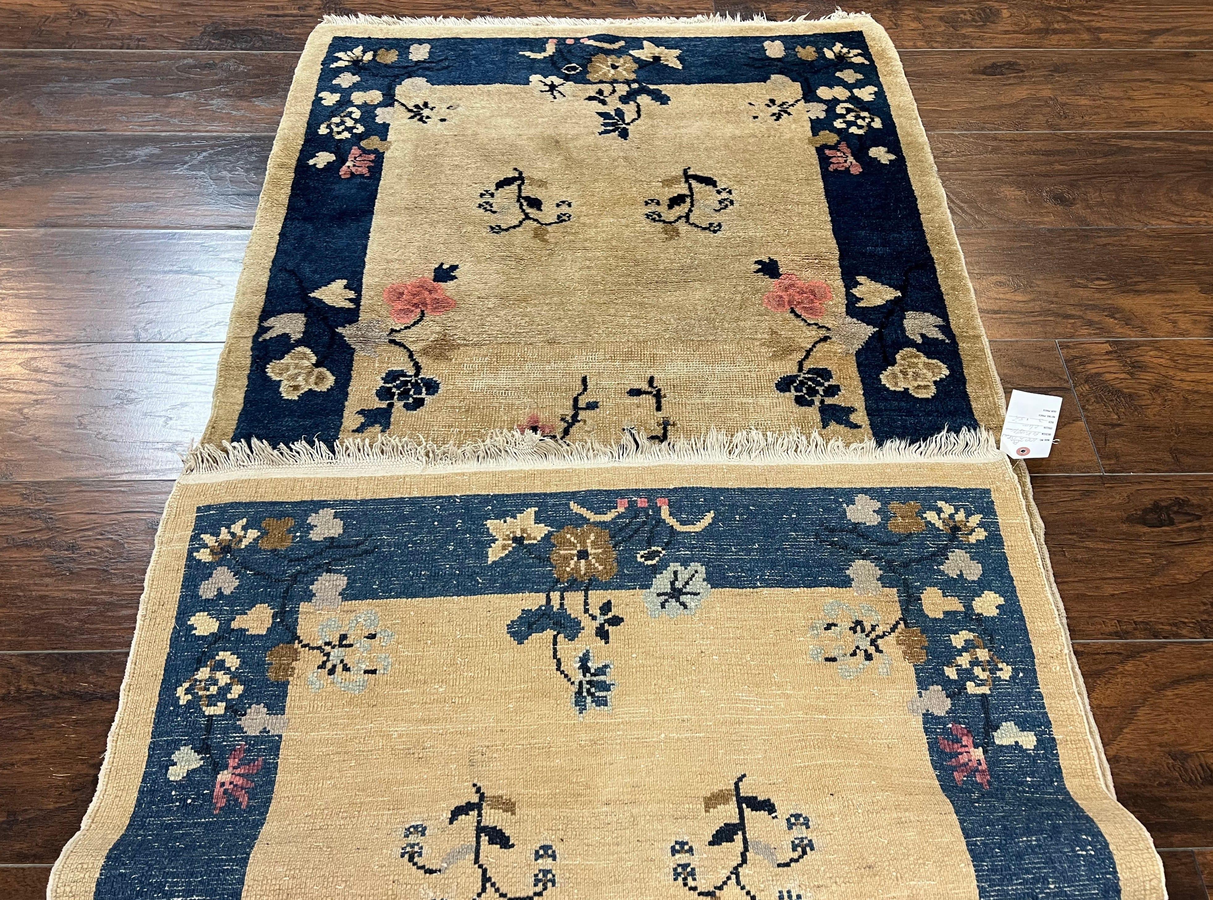 Antique Chinese Peking Rug 3x6, Beige and Dark Blue Hand Knotted Handmade Asian Oriental Carpet, Floral Vases, Vintage Wool Art Deco Rug - Jewel Rugs