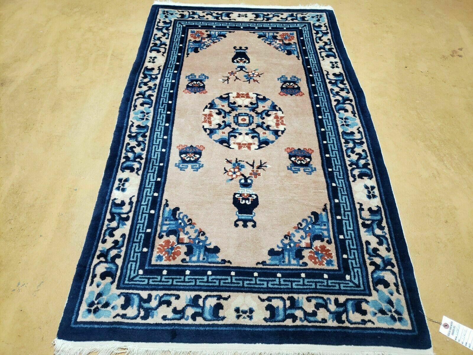 3' X 5' 8" Handmade Art Deco Chinese Wool Rug Peking Blue and Beige Carpet - Jewel Rugs