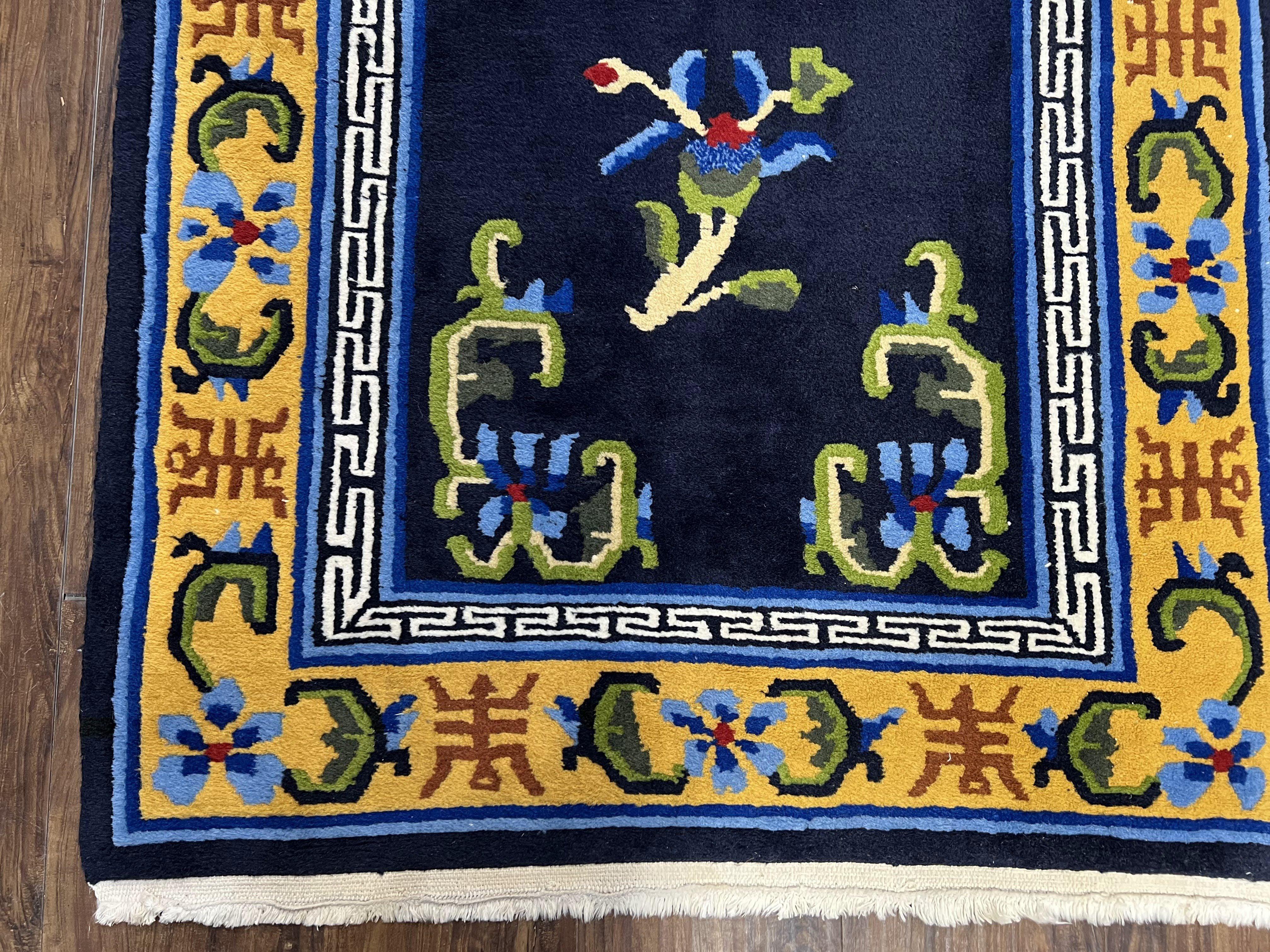 Chinese Art Deco Rug 3 x 5.9, Handmade Chinese Peking Carpet, Dark Blue and Gold, Medallion, Asian Oriental 3x6 Hand Knotted Vintage Rug - Jewel Rugs