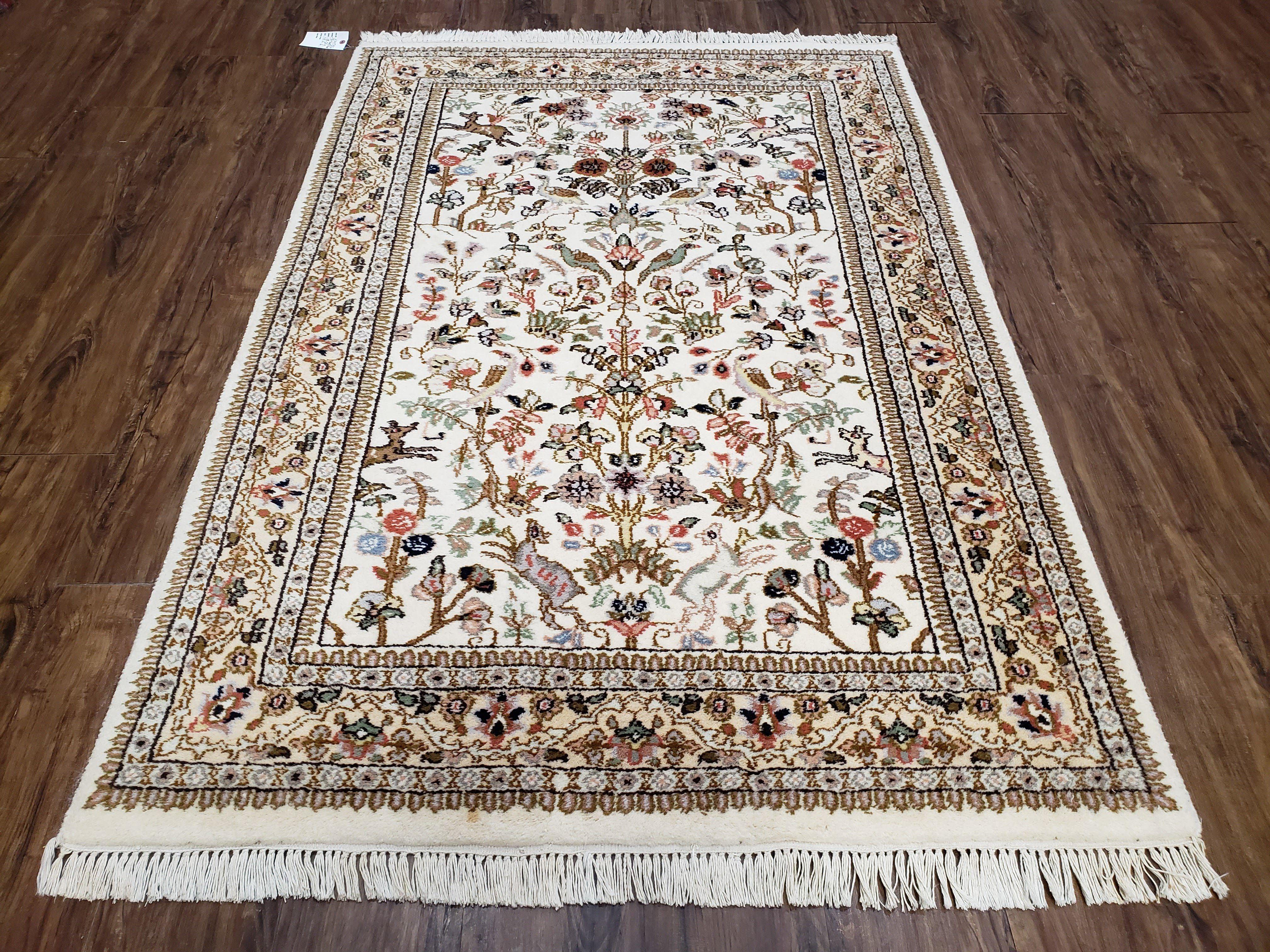 Indo Persian Rug 4x6, Tree of Life Rug, Animal Motifs, Deer Peacocks Birds, Ivory and Cream, Hand-Knotted Soft Wool Pile Indian Carpet 4 x 6 - Jewel Rugs