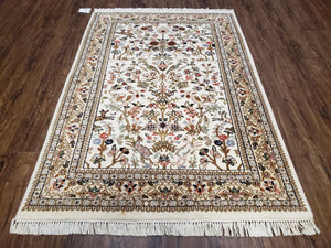 Indo Persian Rug 4x6, Tree of Life Rug, Animal Motifs, Deer Peacocks Birds, Ivory and Cream, Hand-Knotted Soft Wool Pile Indian Carpet 4 x 6 - Jewel Rugs