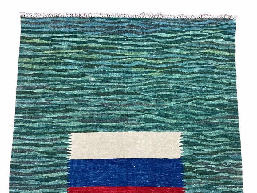 Sea Green Kilim Area Rug, White Blue Red Stripes, Russian Flag Rug, Flatweave Hand Knotted Carpet, Turkish Carpet, Wool, New, 5' 6" x 7' 10" - Jewel Rugs