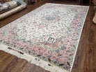 Incredible Persian Tabriz Rug 7x10, Super Fine Persian Carpet, 300+ KPSI, Ivory and Pink, Light Colors, Wool and Silk, Vintage, Top Quality, Signed - Jewel Rugs