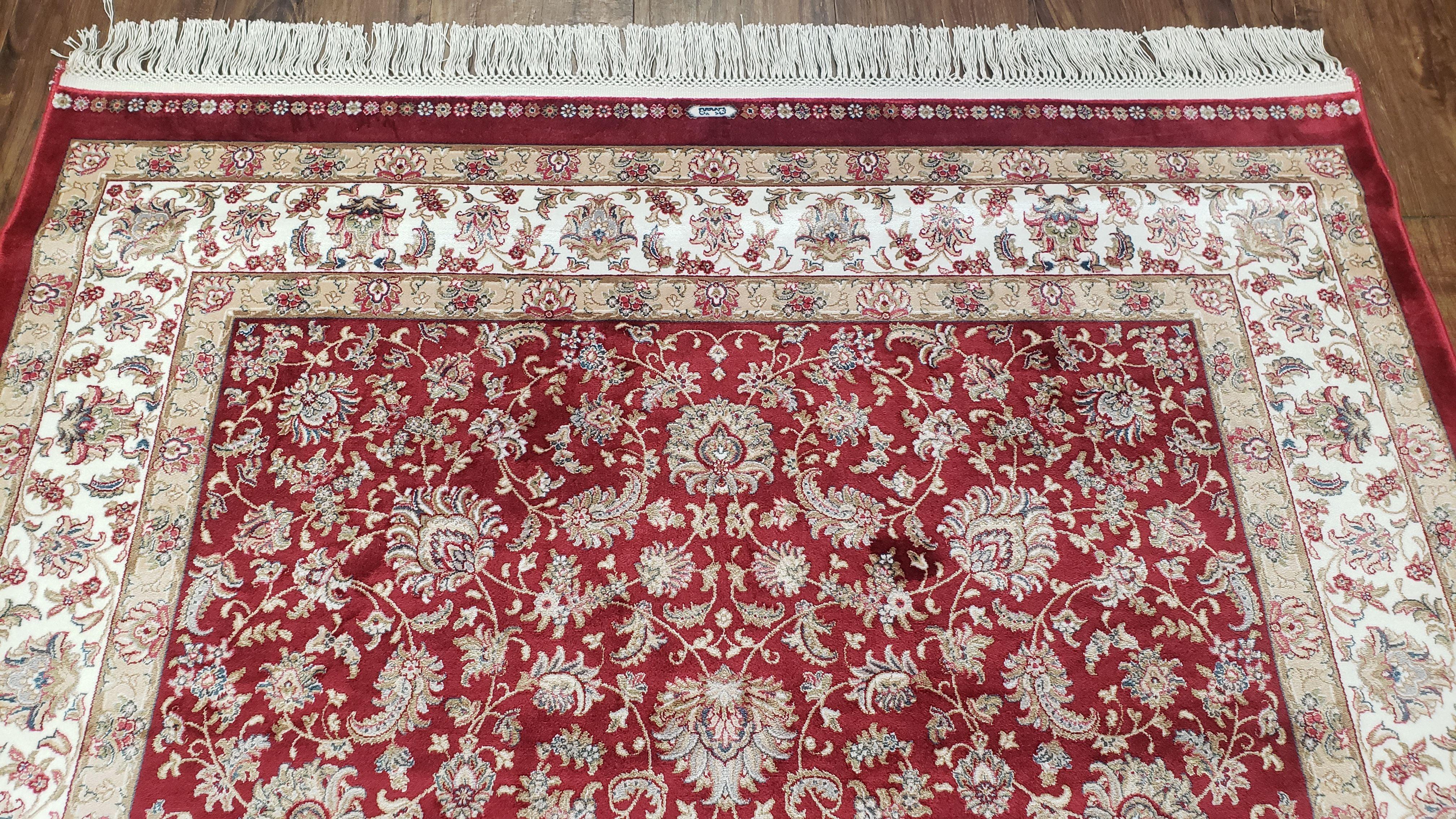 Dark Red Silk Carpet 4 by 6 Oriental Rug, Cream, Allover Pattern, Persian Design, Bamboo Silk, Mint Condition, Super Soft, Fine, Top Quality - Jewel Rugs