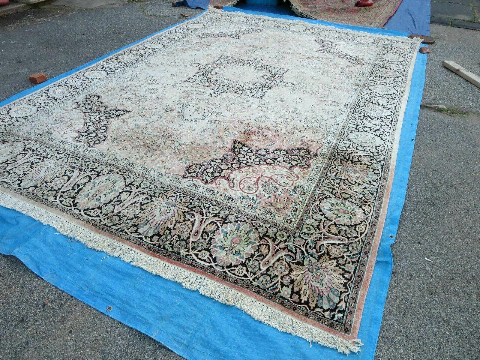 10x14 Large Silk Oriental Rug, Vintage Hand-Knotted Indian Kashmiri Silk Rug, Neutral Colors, High Quality, Great Condition, All Silk Carpet - Jewel Rugs