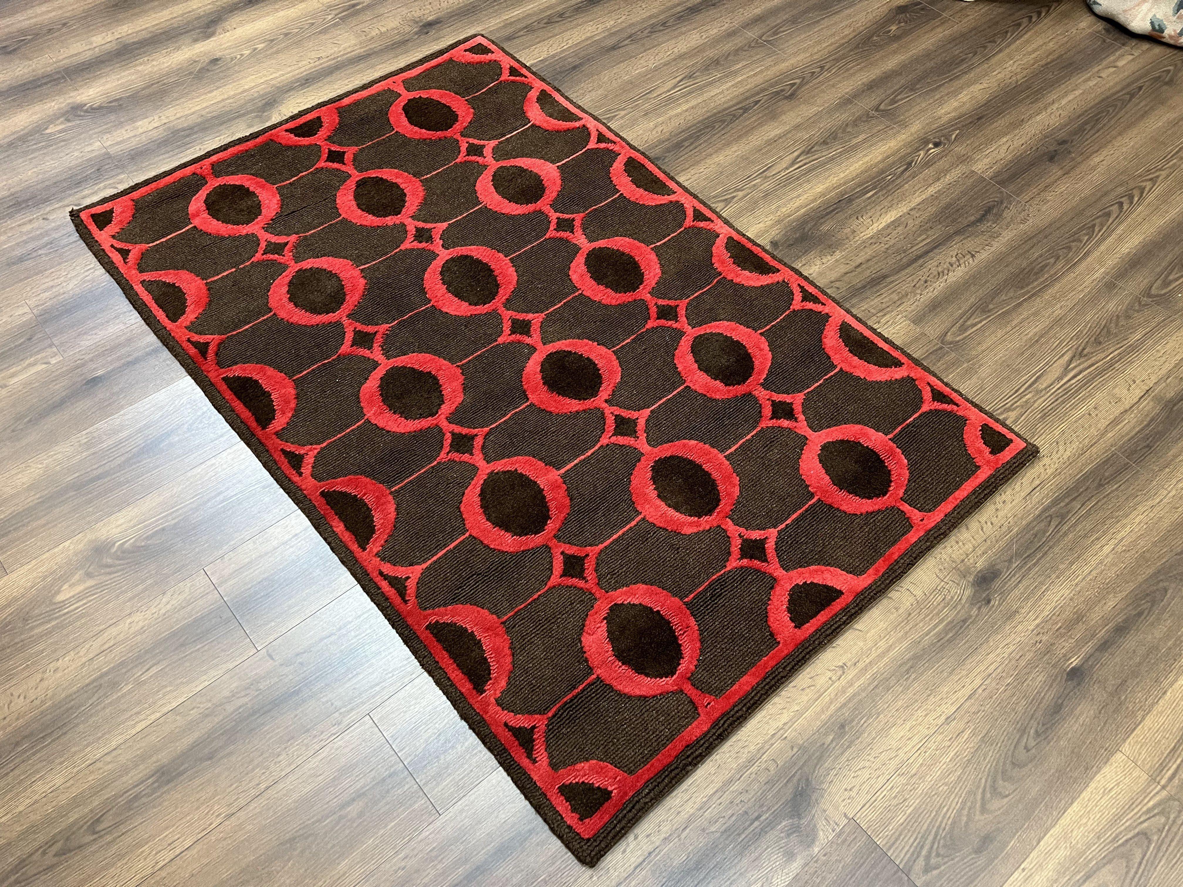 Modern Tibetan Rug 3.8 x 5.7, Raspberry Red and Dark Brown, Abstract Circle Design, Hand Knotted, Soft Wool Handmade Tibet Nepali Carpet 4x6 - Jewel Rugs