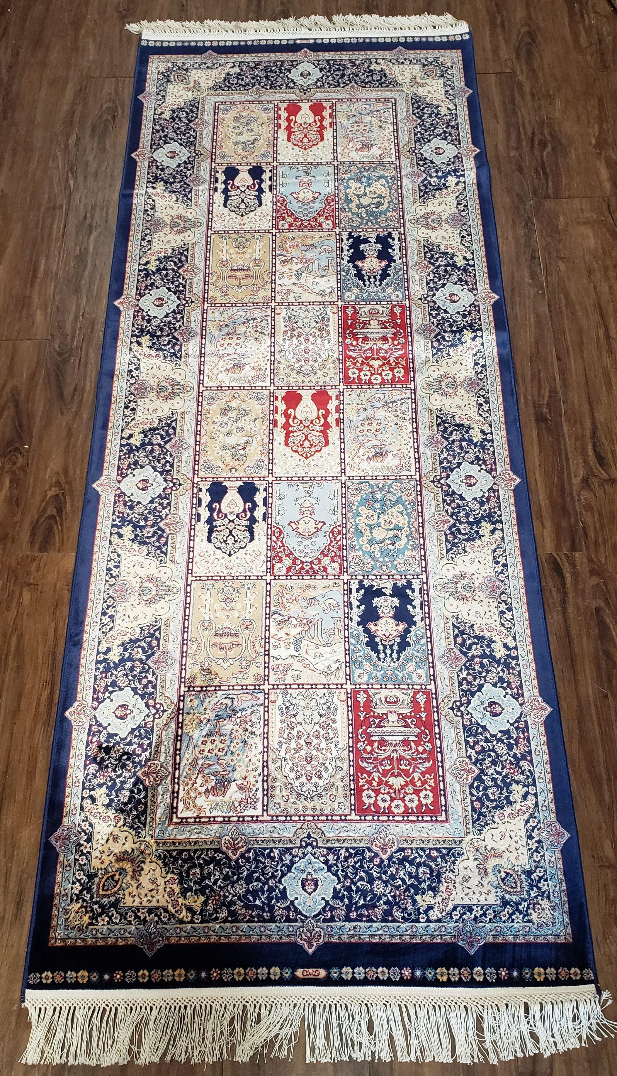 Silk Rug Turkish, Panel Design, Blues and Ivory, Bamboo Silk, Turkish Silk Carpet, Short Runner Rug, New Oriental Carpet, 2' 8" x 6' 7" - Jewel Rugs