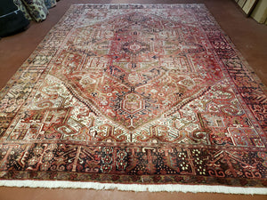 Semi Antique Persian Heriz Rug, Decorative, Geometric Design, Red, Hand-Knotted, Wool, 8' x 11' 5" - Jewel Rugs