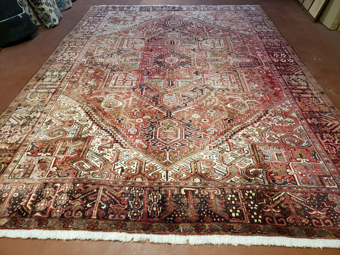Semi Antique Persian Heriz Rug, Decorative, Geometric Design, Red, Hand-Knotted, Wool, 8' x 11' 5