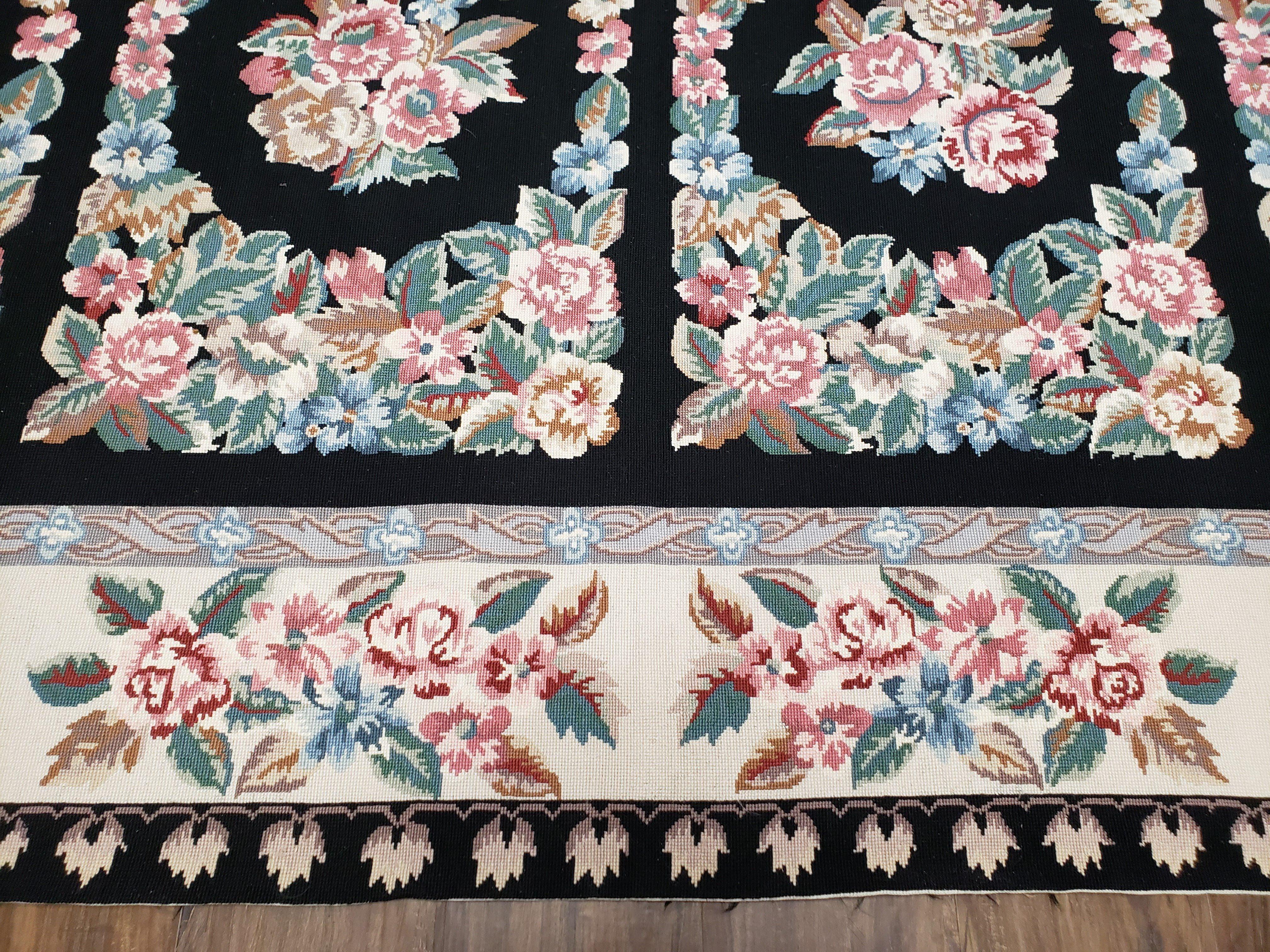 Floral Needlepoint Rug 9.5 x 13.6, Floral Panel Design, Black and Ivory Flatweave Aubusson Carpet, Multicolor - Jewel Rugs