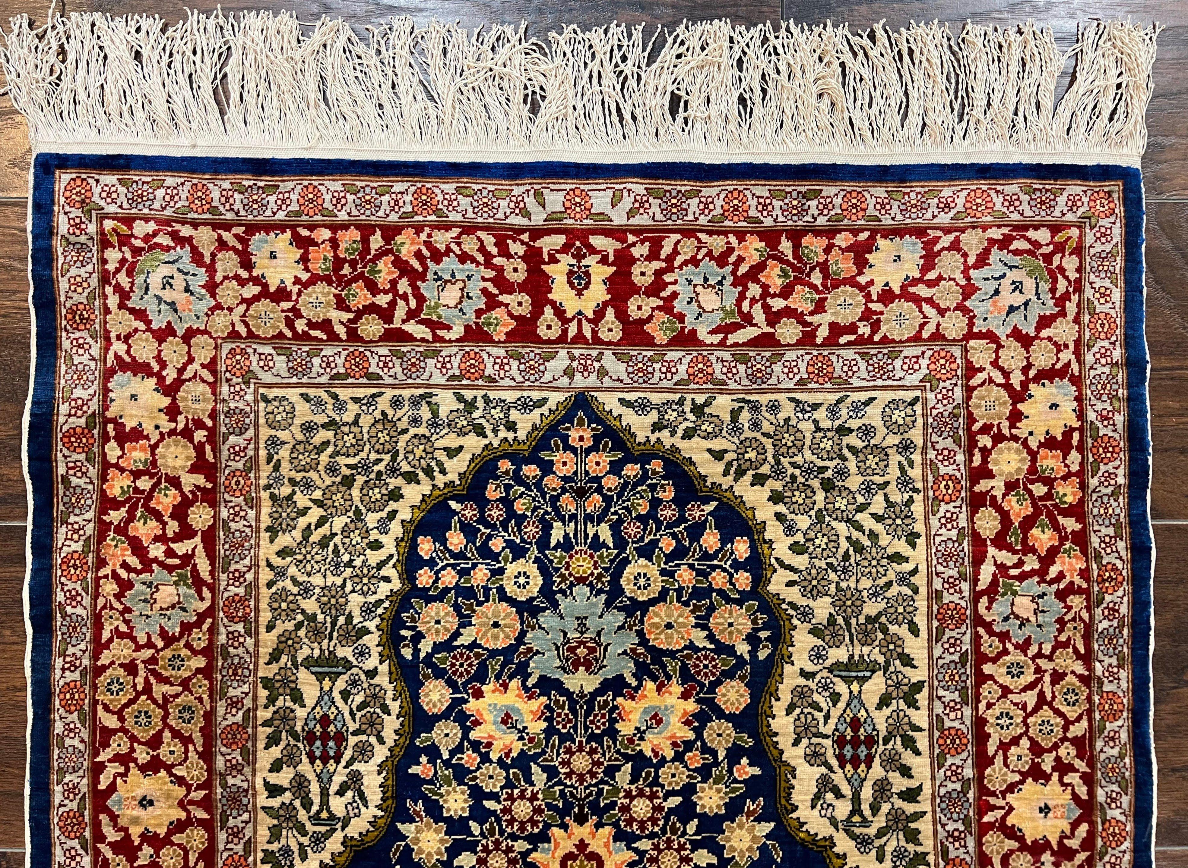 Authentic Silk Turkish Hereke Rug 2x3 ft with Signature, Wonderful Silk on Silk Small Hereke Carpet 2 x 3, Floral Navy Blue Dark Red Cream - Jewel Rugs