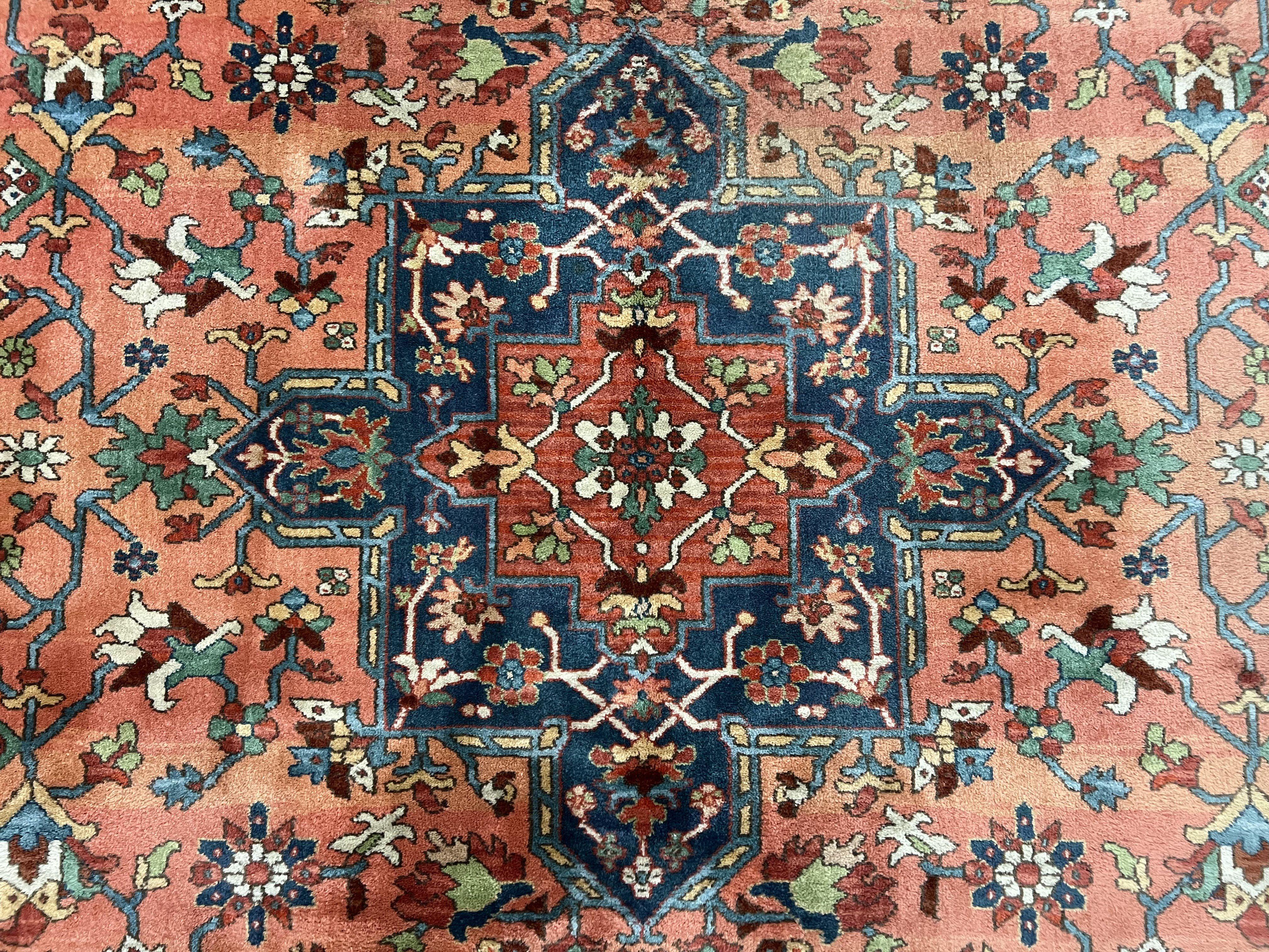 Karastan Medallion Serapi Rug #736, Wool Karastan Carpet 8.8 x 12, Karastan Area Rug, Oriental Rug 9x12 Vintage Rug, Red Blue, Nice Area Rug - Jewel Rugs