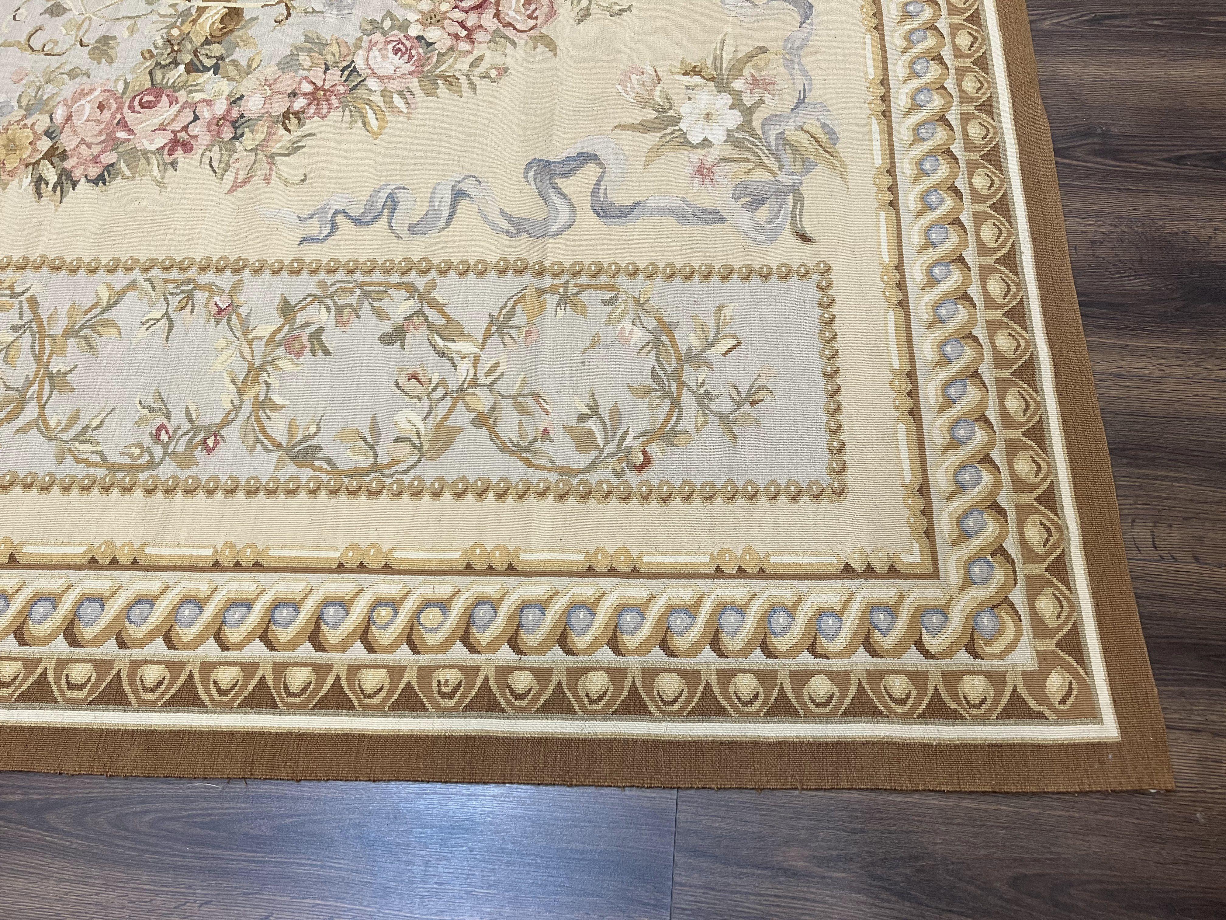 Aubusson Savonnerie Rug 8x10, Vintage French Aubusson Wool Carpet 8 x 10, Hand Woven, Cream and Light Blue, Flatweave, Elegant Floral Rug - Jewel Rugs