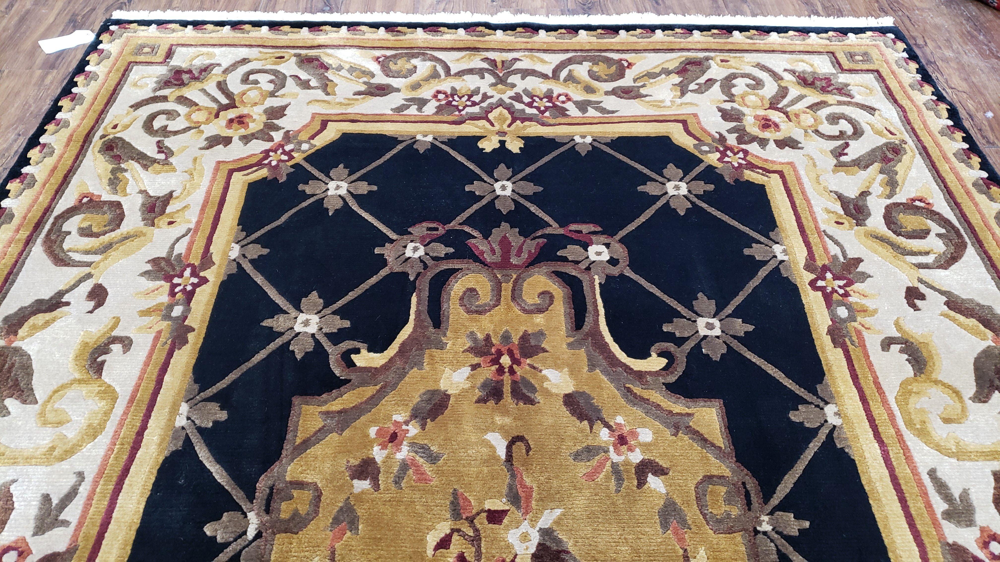 Nepal Rug 6x9, Nepalese Aubusson Area Rug 6 x 9, Hand-Knotted Wool Soft Pile Black & Beige Tibetan Aubusson New Carpet European Savonnerie - Jewel Rugs