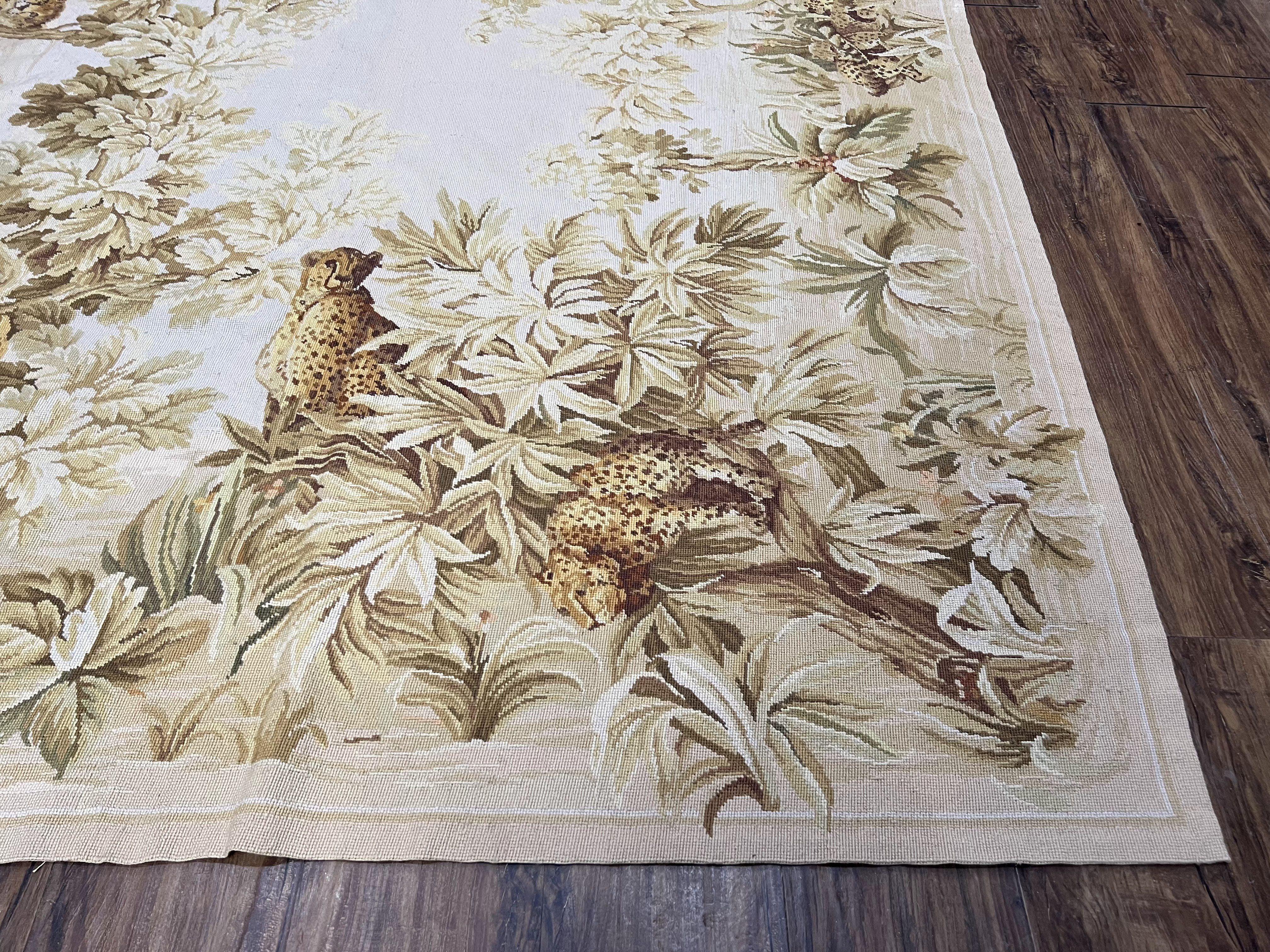 Aubusson Rug 6x9 French Aubusson Carpet, Flatweave Rug, Leopards and Flowers, Elegant Carpet, European Design, Wool Handwoven, Ivory Beige - Jewel Rugs