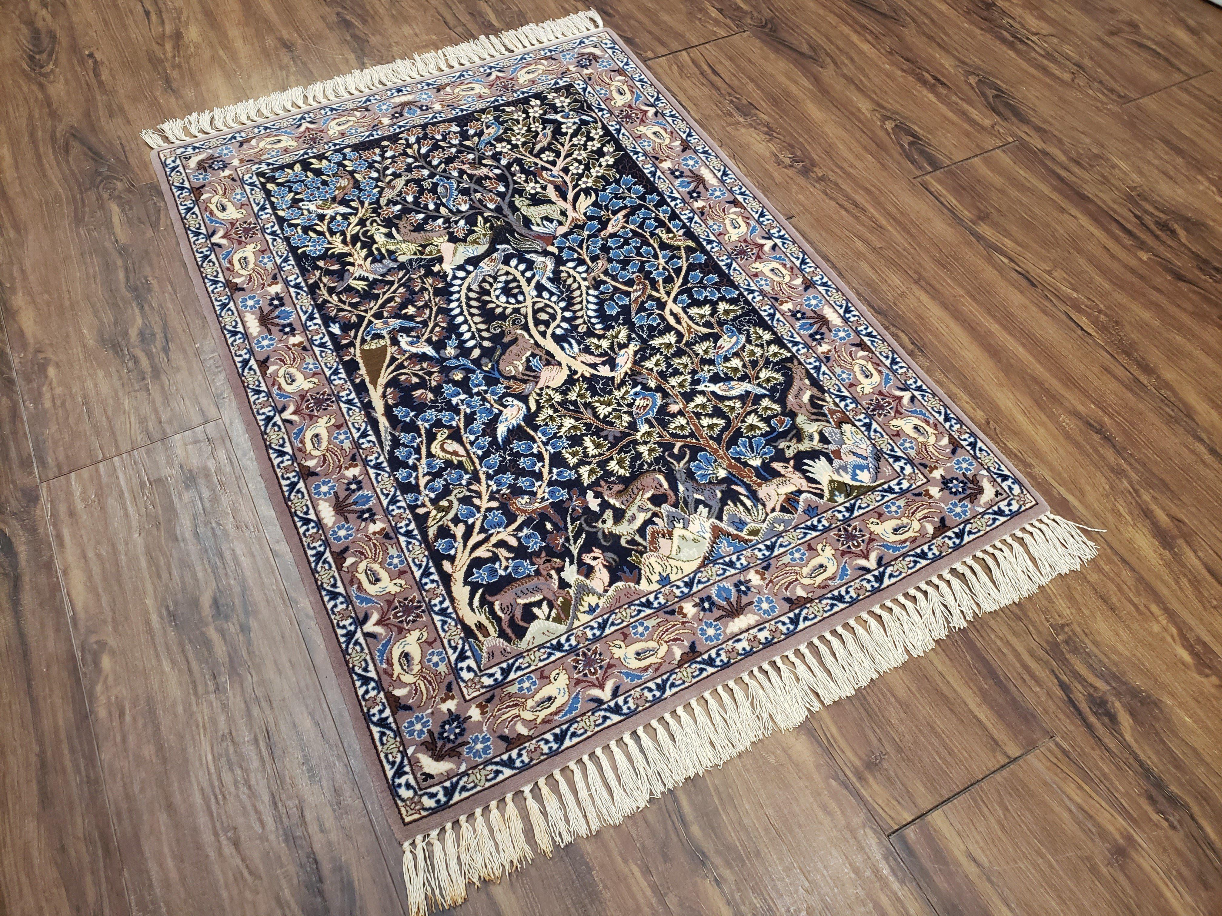 Semi Antique Persian Isfahan Rug, Hand-Knotted, Tree of Life Pattern with Animal Motifs, Dark Blue and Taupe, Kork Wool on Silk Foundation, 2'4" x 3'5" - Jewel Rugs