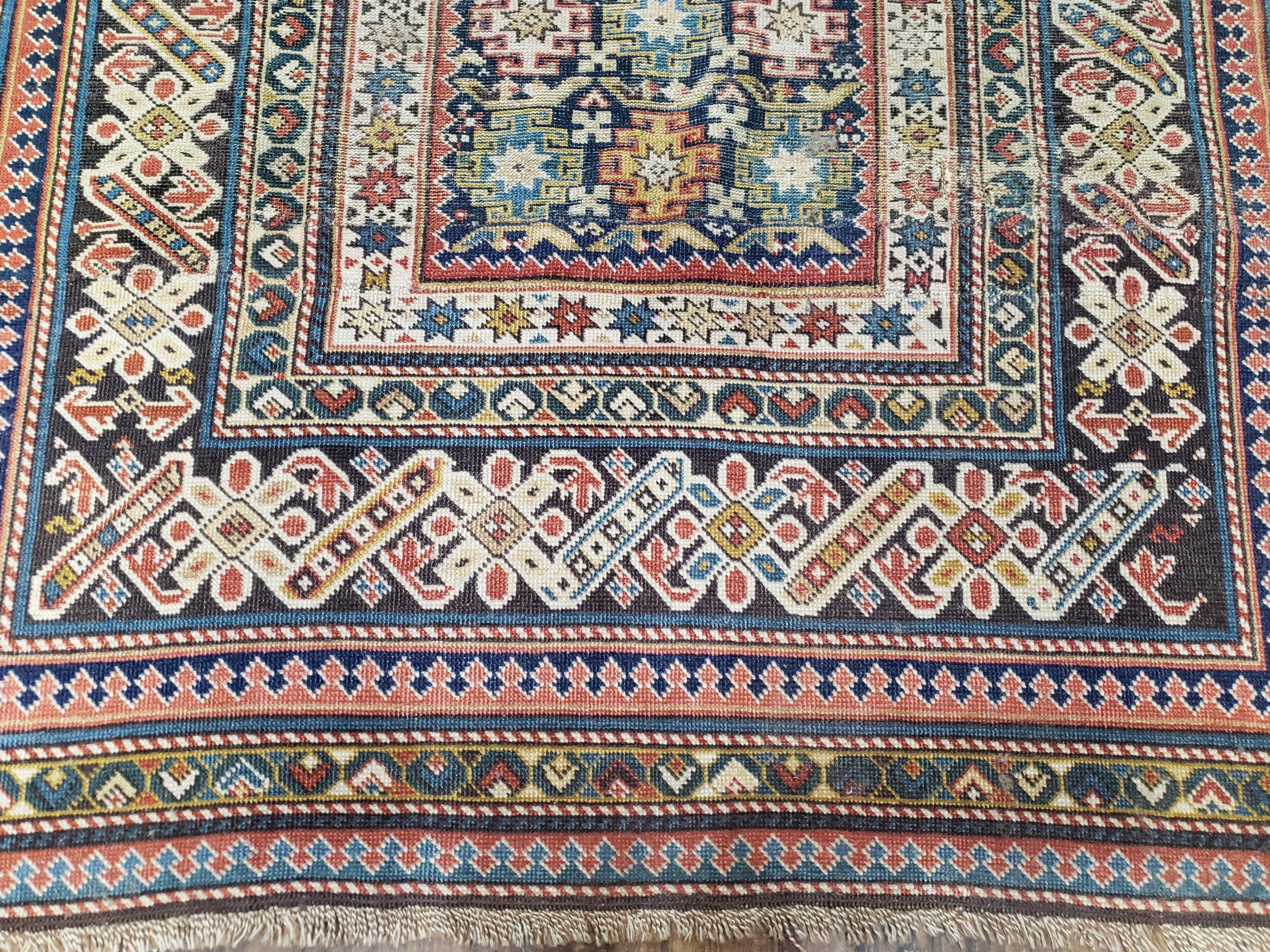 Caucasian Rug 3'9" x 5'7", Antique 1920s Collectible Caucasian Chi Chi Carpet, Hand Knotted, Colorful, Dark Blue Cream Red, Wool, Small Rug - Jewel Rugs