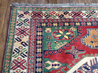 Vintage Turkish Kazak Area Rug, 6ft Square Rug, 6x6 Square Oriental Carpet, Hand-Knotted, Wool, Bold Colors, Red Blue Green, Geometric Rug - Jewel Rugs