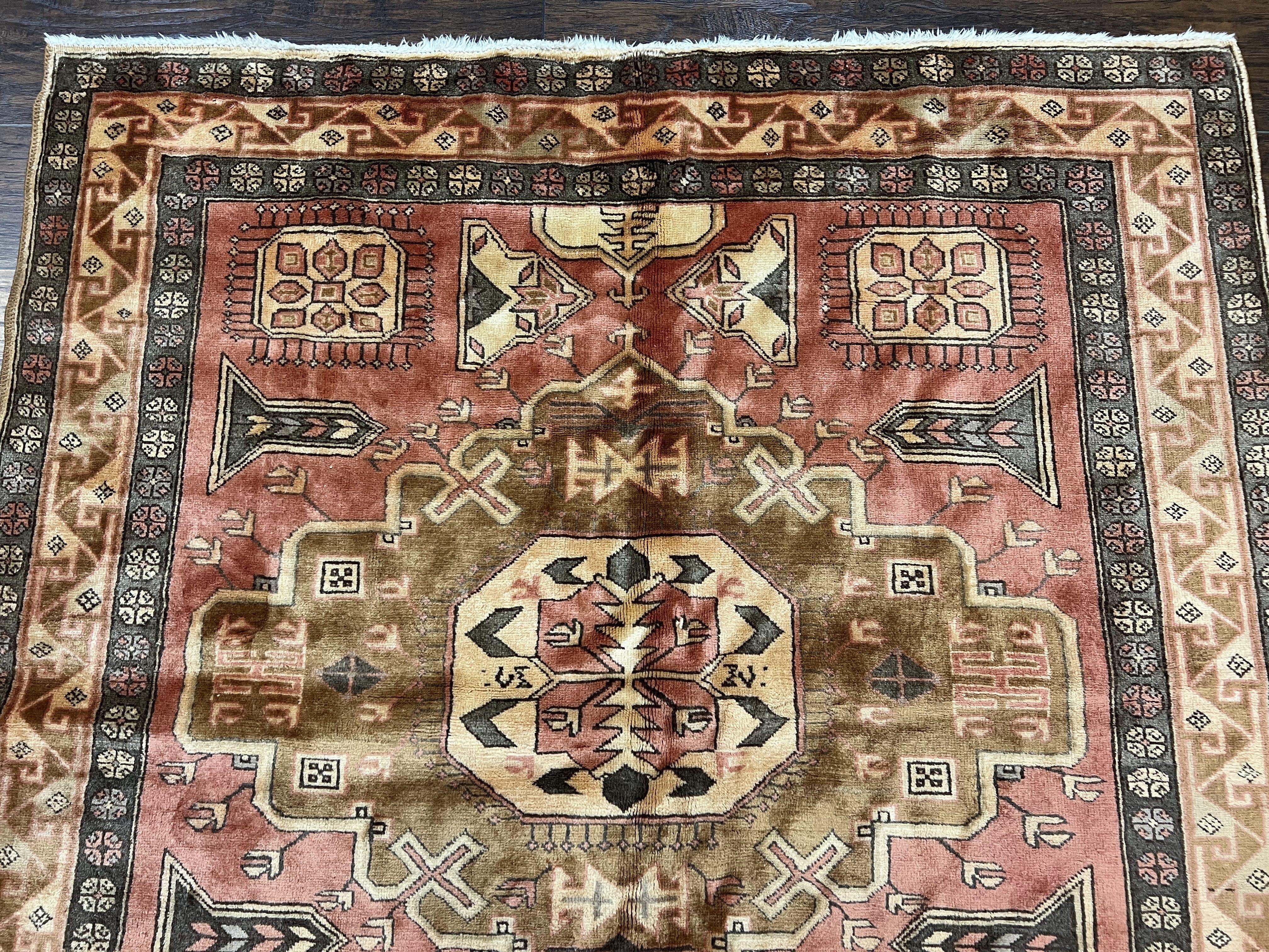 Wide Persian Ardabil Runner Rug 5x11, Vintage Semi Antique Handmade Wool Hallway Corridor Carpet, Geometric Caucasian Kazak Pattern, Salmon Cream - Jewel Rugs