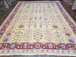 Vintage Indian Soumak Area Rug 9x12, Wool Hand-Woven Yellow Red Large Boho Carpet, Indian Bohemian Style Rug, 9 x 12 Rug - Jewel Rugs
